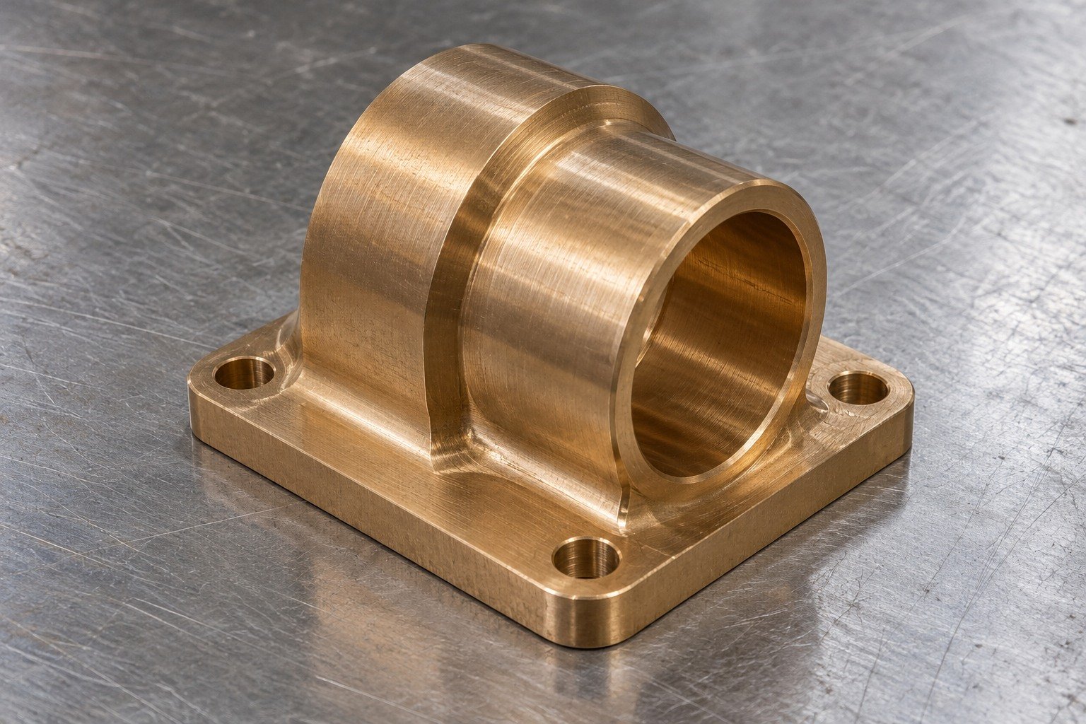 Studio industrial macro product photo of a single golden brown aluminum bronze heavy stepped bearing sleeve with four-hole rectangular mounting flange — illustrative generated component concept