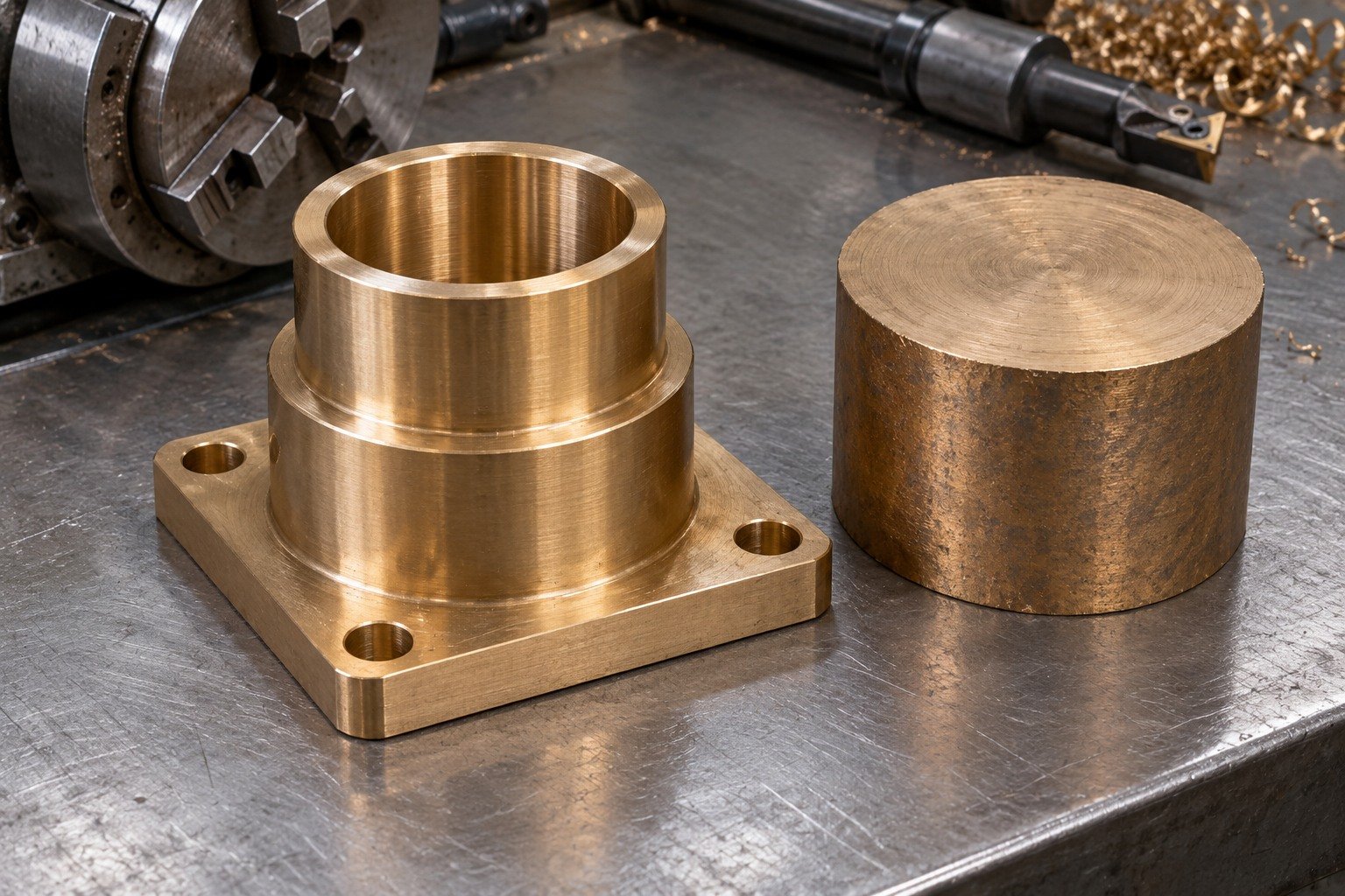 One golden brown aluminum bronze heavy stepped bearing sleeve with four-hole rectangular mounting flange, with adjacent separate matching stock blank, different low-angle composition. — illustrative generated component concept
