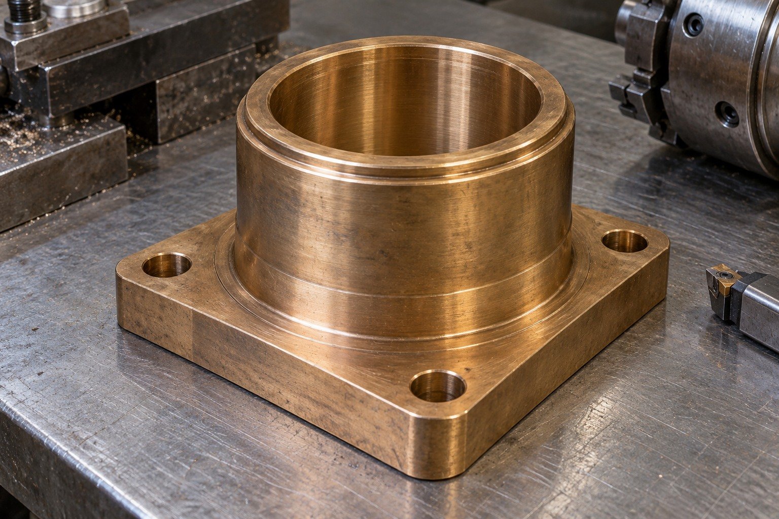 Surface and edge-detail macro of golden brown aluminum bronze heavy stepped bearing sleeve with four-hole rectangular mounting flange; visible sealing land or rounded functional edge, natural fine tool marks and realistic subtle discoloration, no labels. — illustrative generated component concept