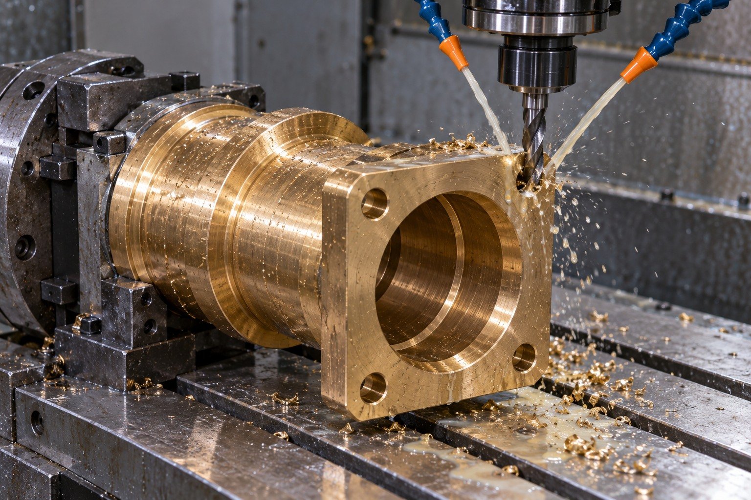 Technically plausible machining scene for golden brown aluminum bronze heavy stepped bearing sleeve with four-hole rectangular mounting flange — illustrative generated component concept