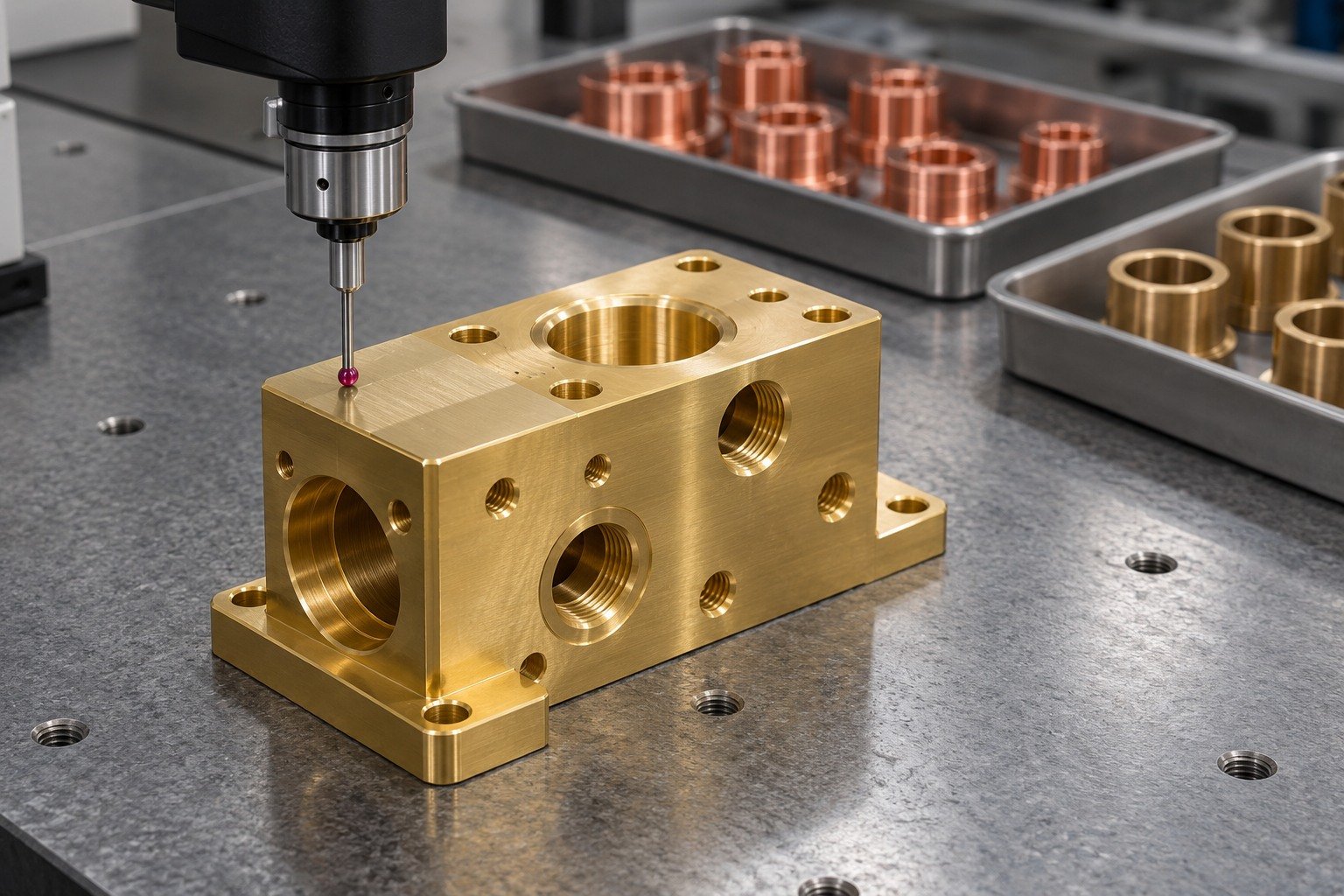 Dimensional inspection of a gold brass ported block using a physically connected CMM ruby stylus touching a planar datum, separate red copper contact and bronze bushing visible out of focus in distinct trays. — illustrative generated component concept