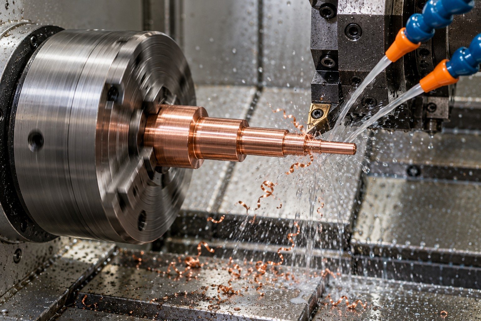 CNC lathe cutting a red copper stepped electrical contact pin, realistic single insert at outside diameter, chucked stock, two coherent cutting-fluid jets, wet curls and workshop enclosure. — illustrative generated component concept