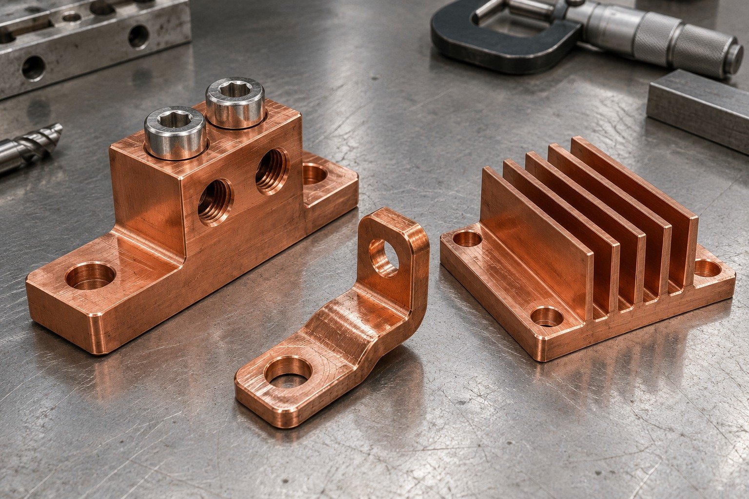 Three red copper electrical components — illustrative generated component concept