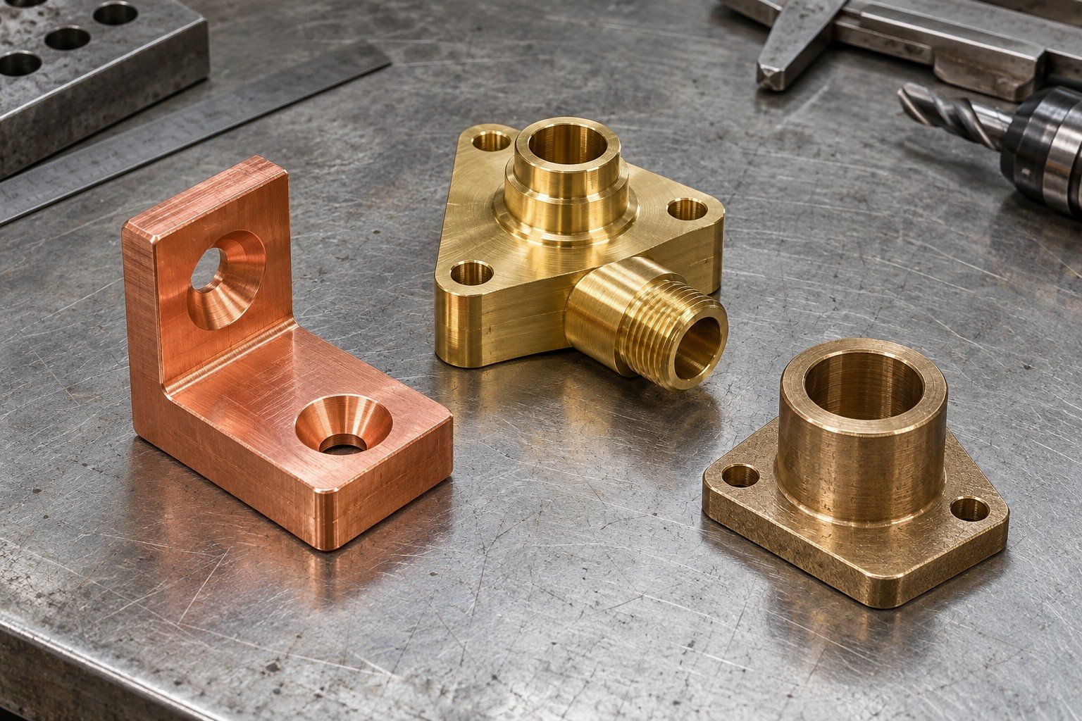 Illustrative copper terminal block, brass port body and bronze flanged bushing concepts