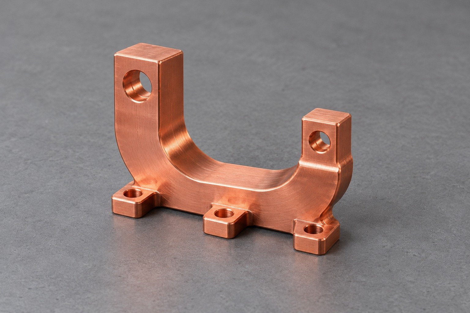 Illustrative curved copper busbar with unequal terminal pillars and mounting feet