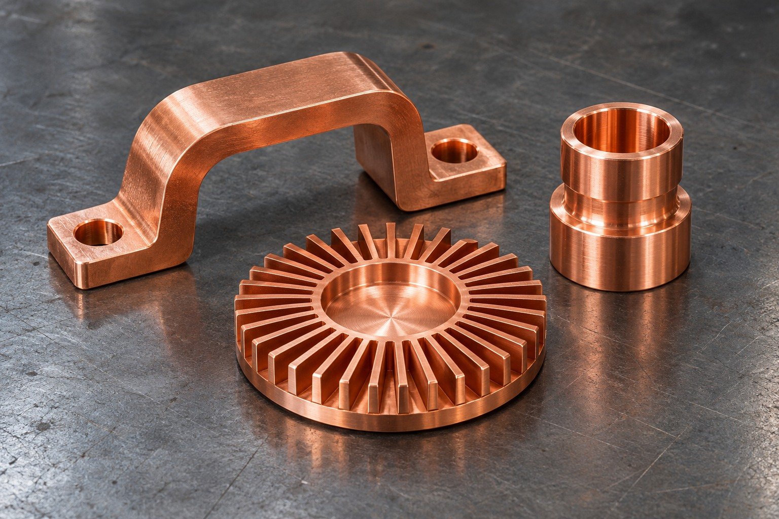 Copper busbar, thermal disc and contact socket concepts — illustrative generated component concept