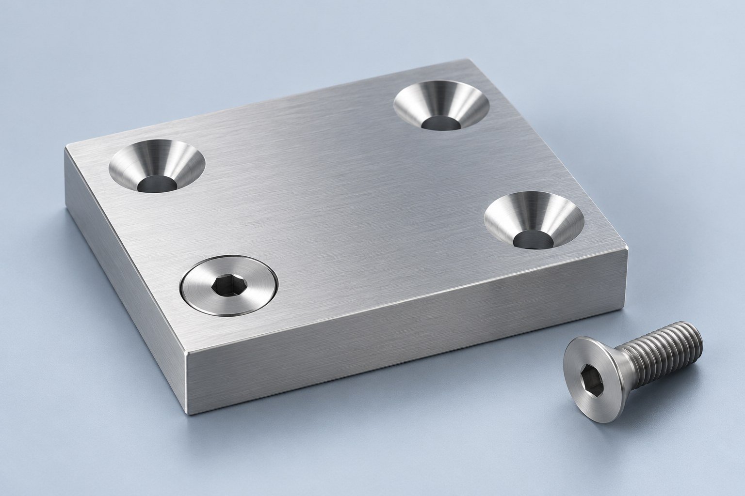 Generated concept of an aluminum mounting plate with conical countersunk holes and a flush flat-head screw