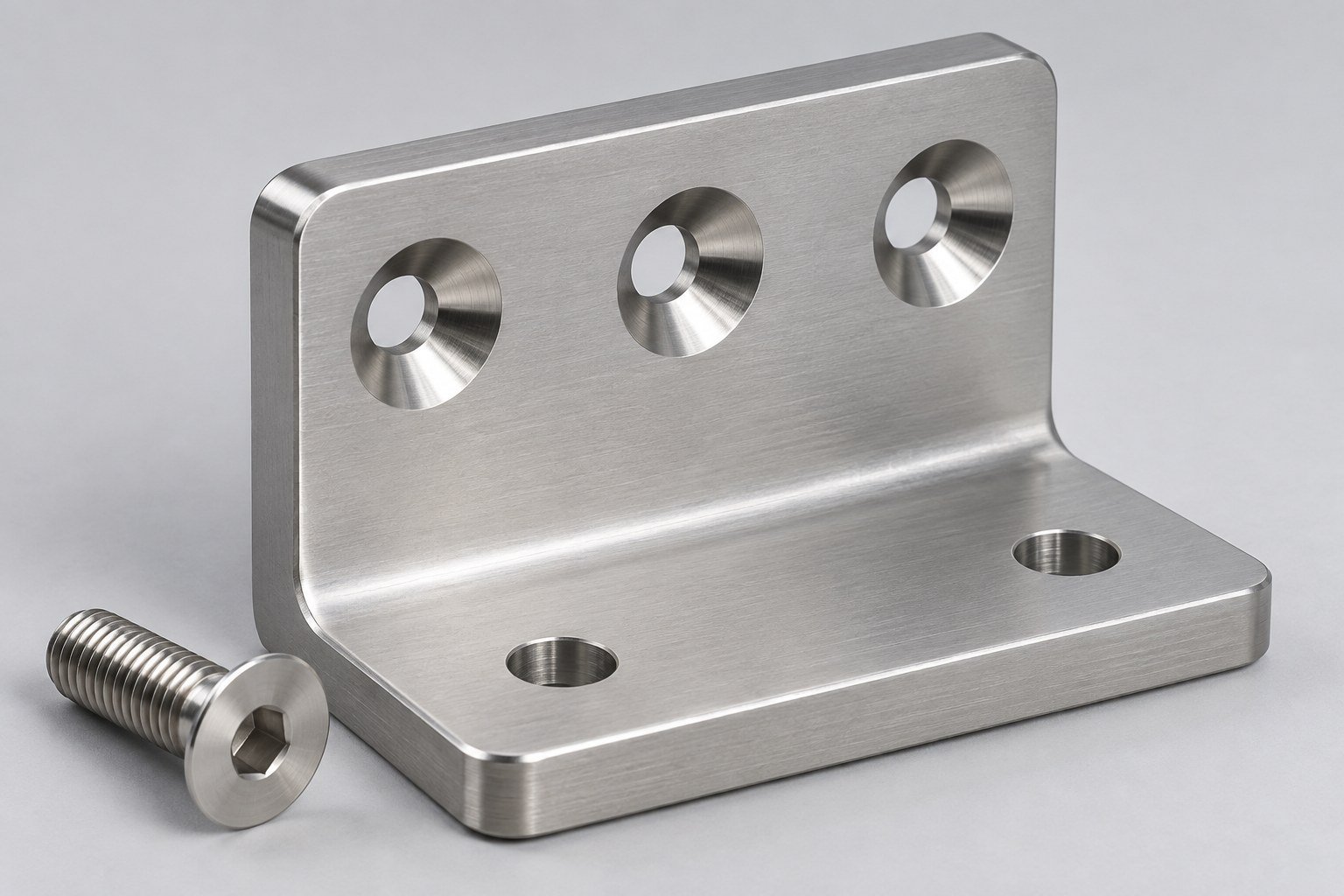 Generated concept of a stainless bracket with countersunk holes; not a customer part