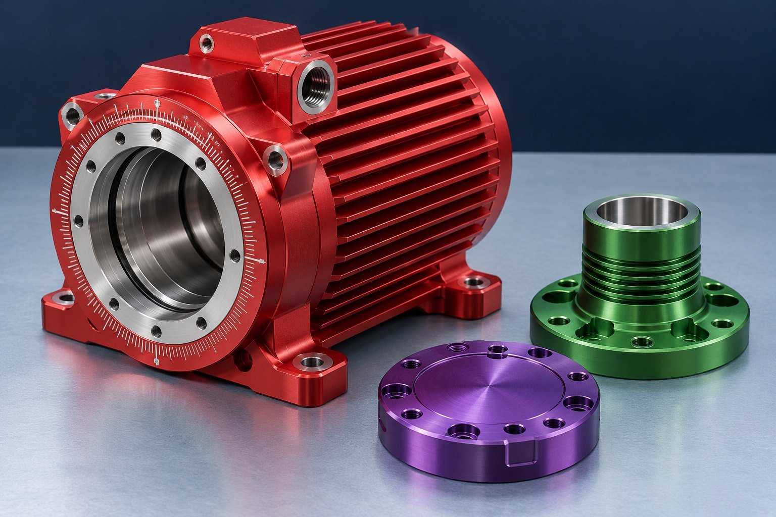 Illustrative aluminum component concept: red anodized finned housing, green flange and purple disk with laser marking