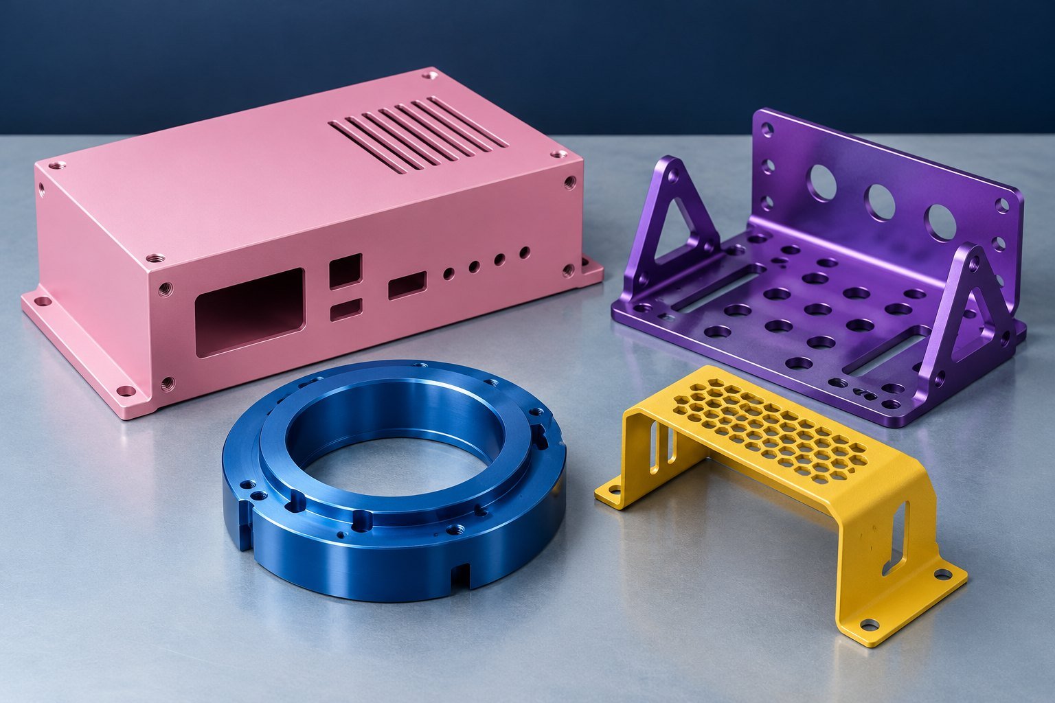 Colorful finished aluminum housings and brackets concept — illustrative aluminum component concept