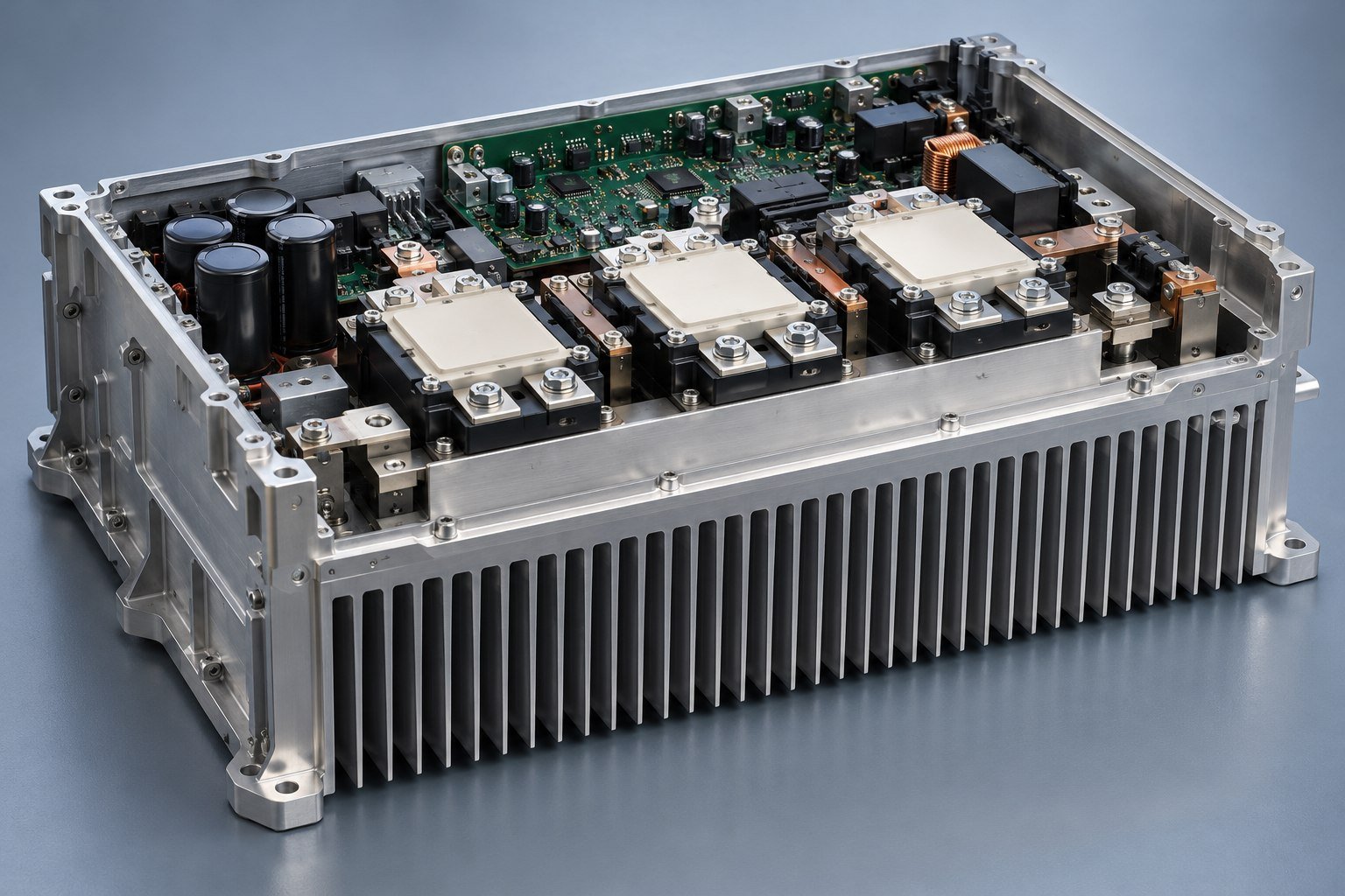 Illustrative custom heat sinks in an industrial power electronics assembly concept