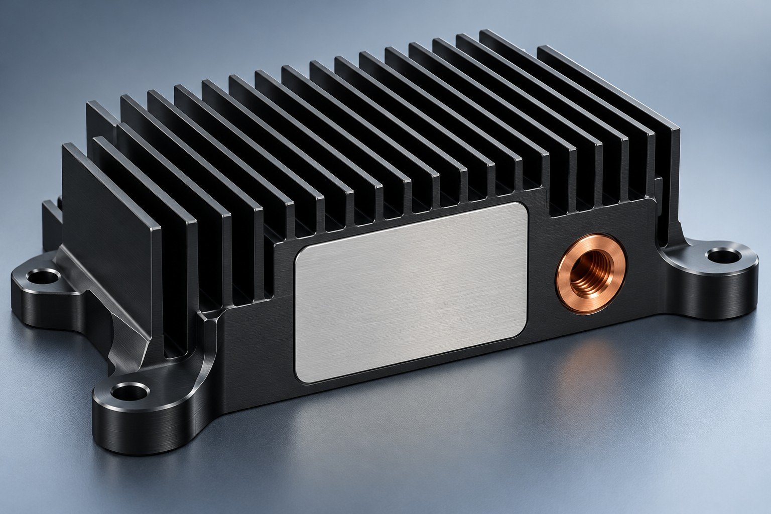 Illustrative black anodized aluminum heat sink with a masked contact pad; not a customer part