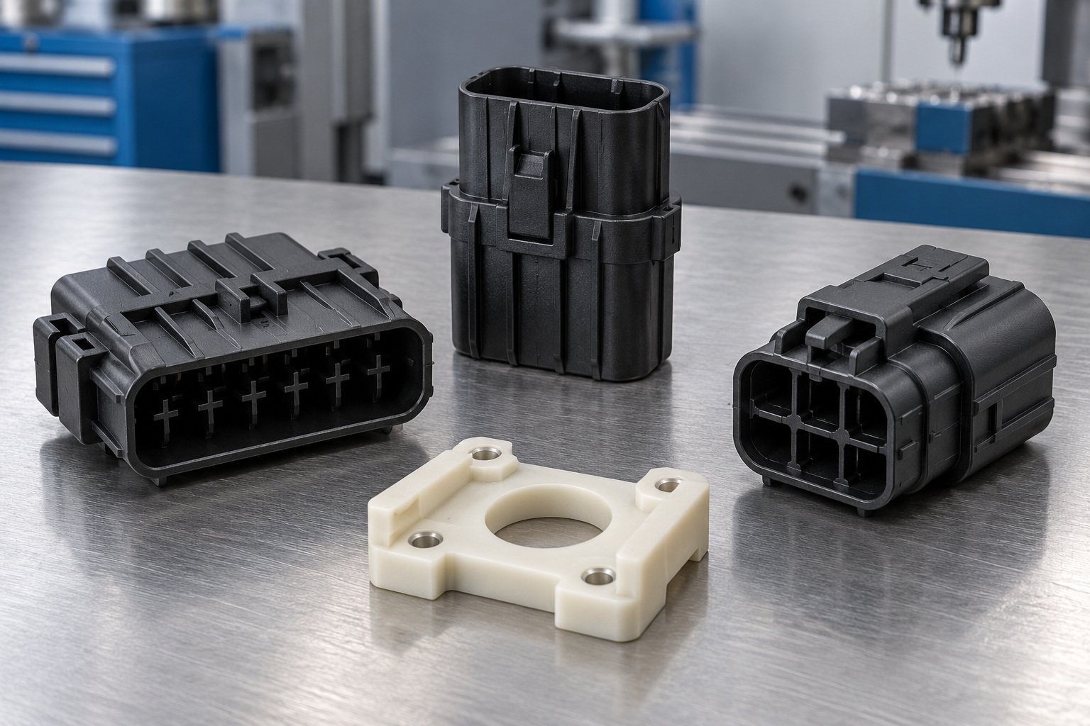 PBT connector and precision spacer concepts — illustrative generated concept
