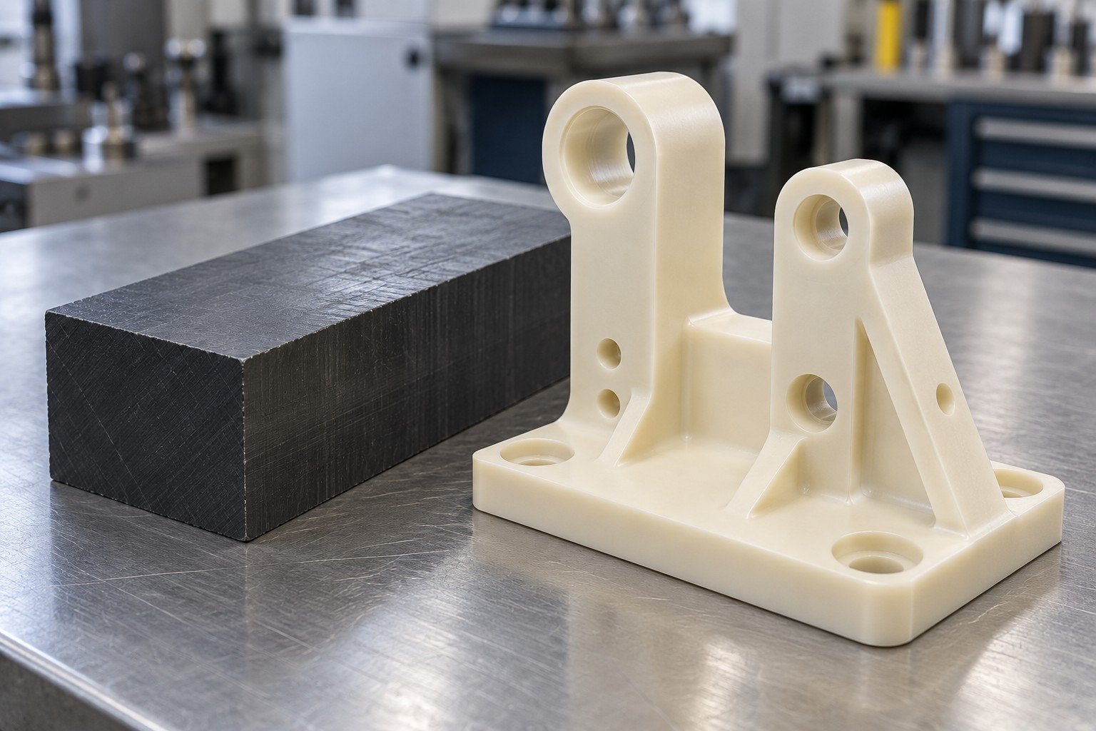 Illustrative cream machined mounting bracket and dark stock offcut; not actual customer-supplied material