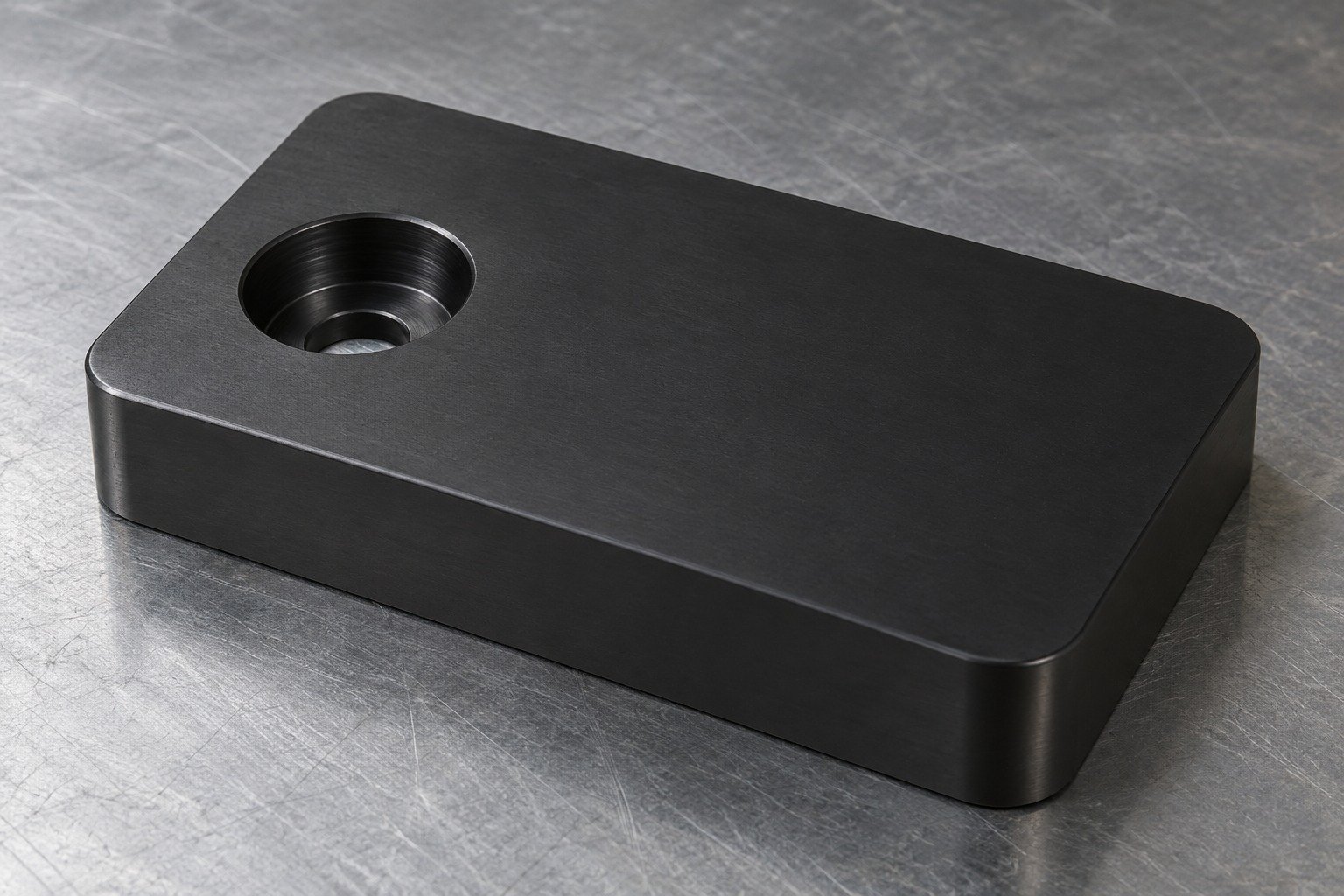 A thick rectangular D2 black oxide sample with one offset counterbore and broad rounded corners, smooth industrial matte black surface with restrained light reflection, no text. — illustrative component concept