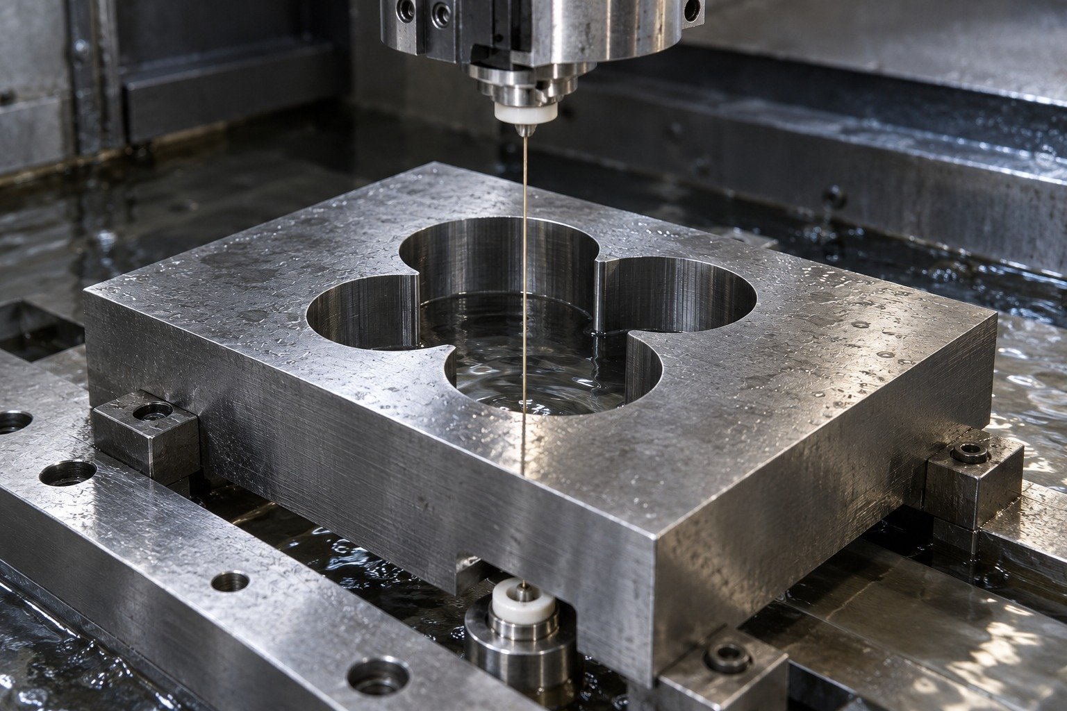 A D2 die plate with a broad cloverleaf aperture submerged at the wire EDM cutting zone, one hair-thin vertical wire between physically credible upper and lower guide positions, no milling cutter and no visible sparks. — illustrative component concept
