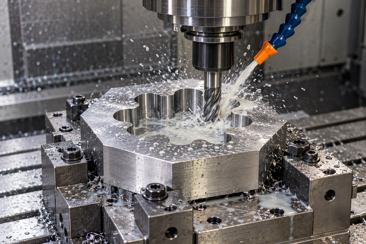 A thick octagonal die blank held in a mechanically plausible milling fixture, lobed aperture being finish milled by a carbide end mill, visible blue-orange coolant nozzle aimed at the actual tool contact, localized milky coolant spray and short chips, industrial machine background. — illustrative component concept