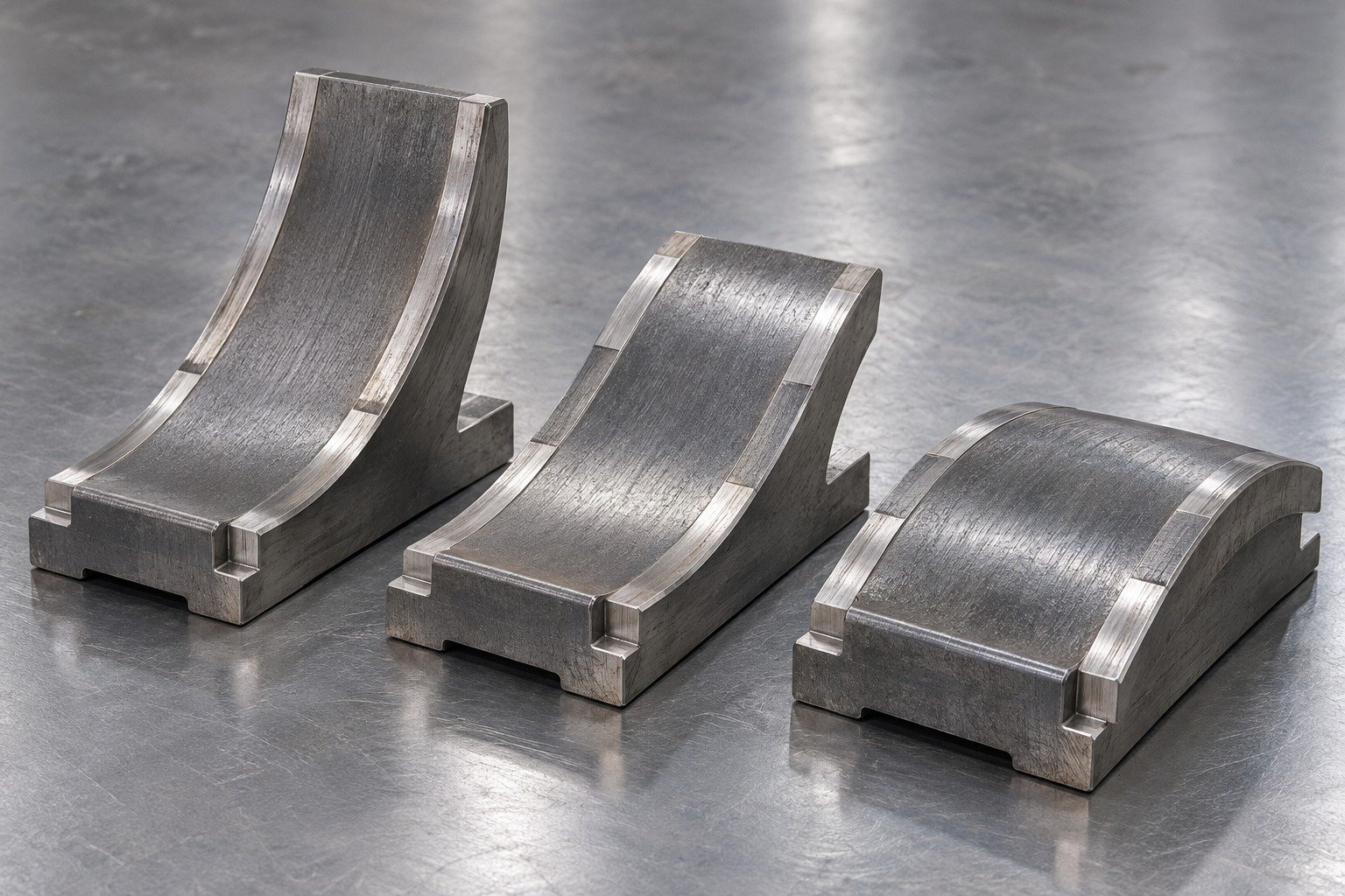 Three differently curved ground D2 wear segments, clearly visible machining stock witness pads and broad reference bases, neutral industrial product photograph, not a strength test. — illustrative component concept
