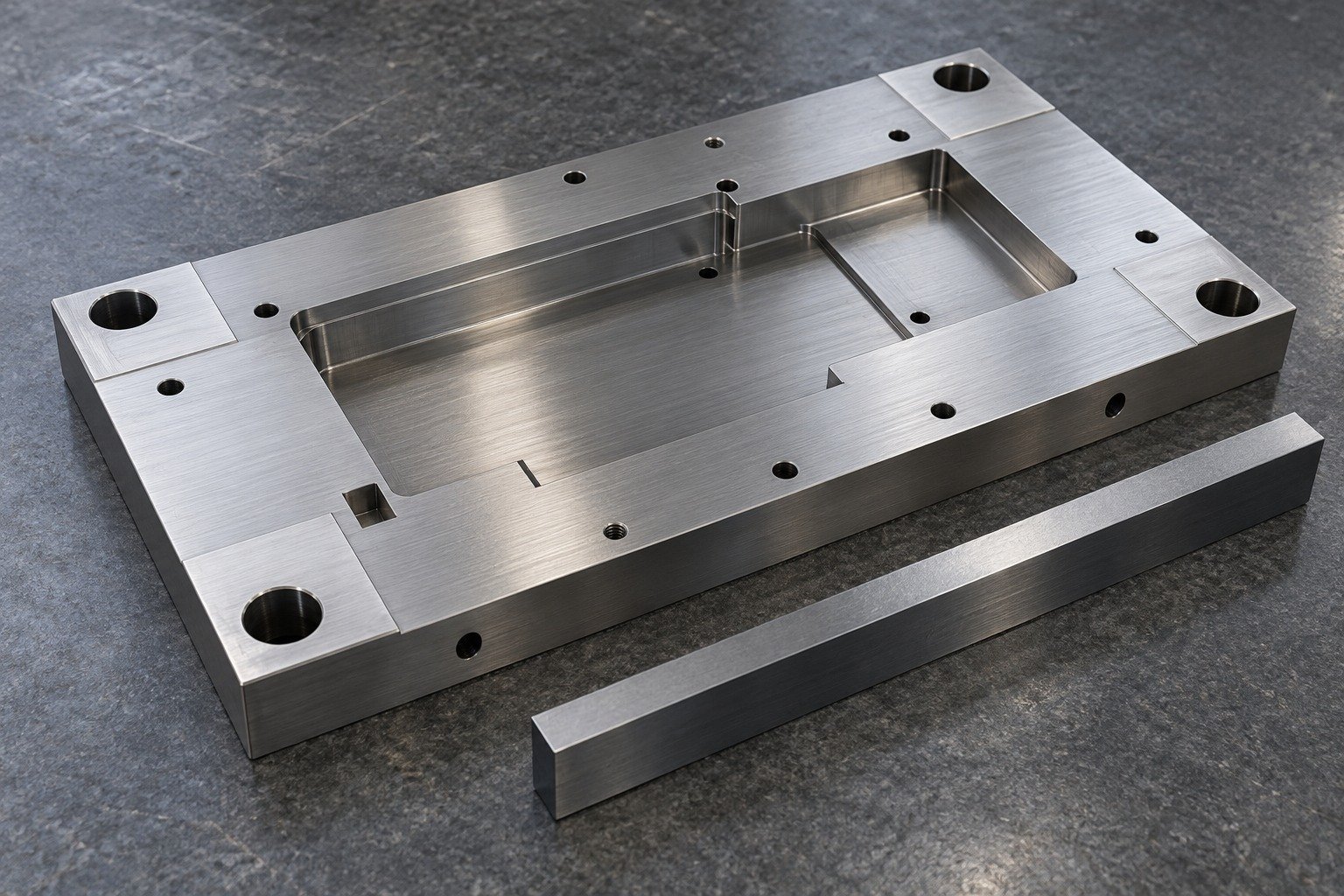 A wide D2 die backing plate with shallow ground datum pads and a separate precision straightedge resting beside it, slight asymmetric pocket geometry, planning finishing stock rather than simulating dimensional distortion. — illustrative component concept