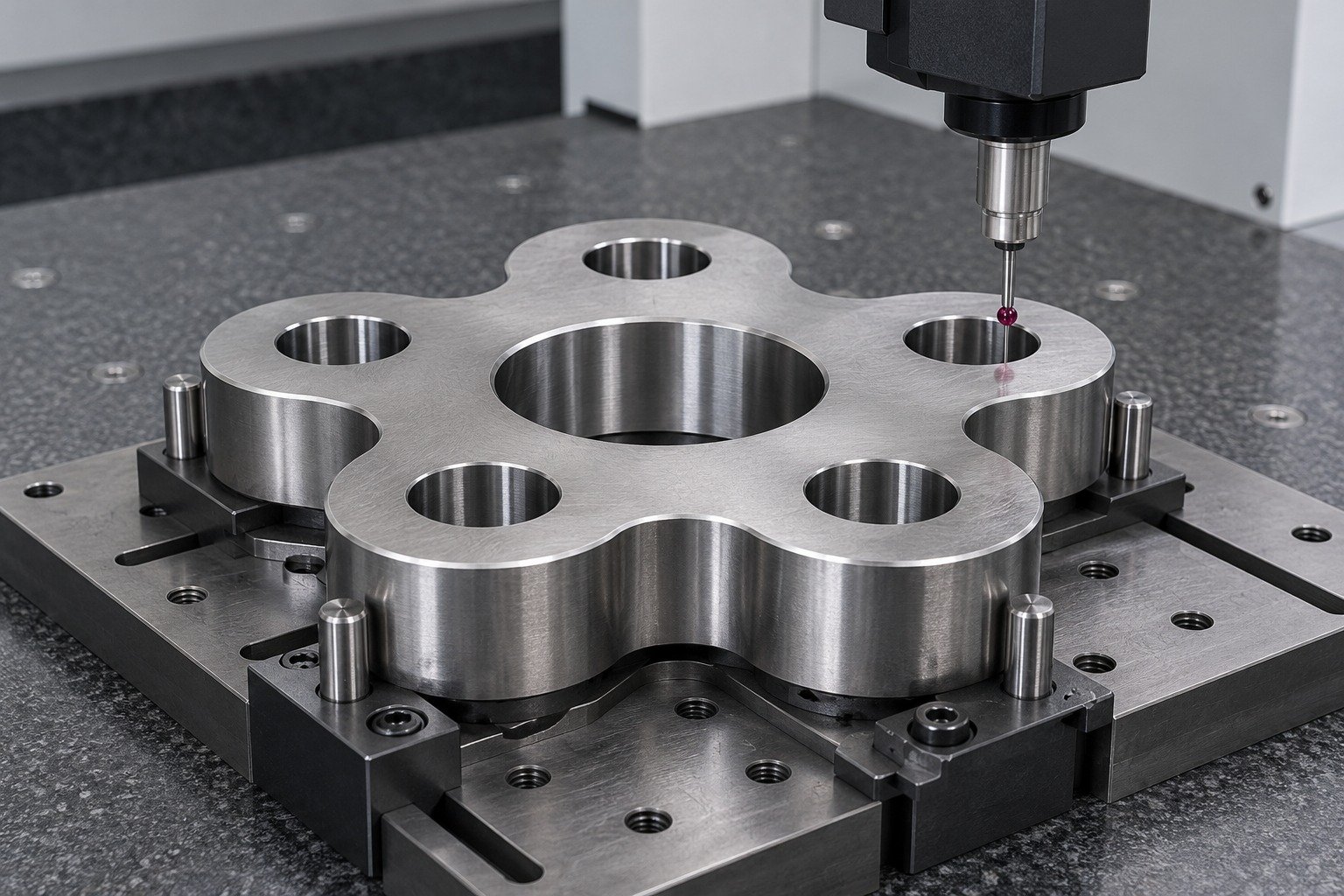 A five-lobed cold-work die plate securely fixtured on a CMM table, small ruby contact probe physically touching the top reference plane, dowel features visible and realistic compact probe geometry. — illustrative component concept