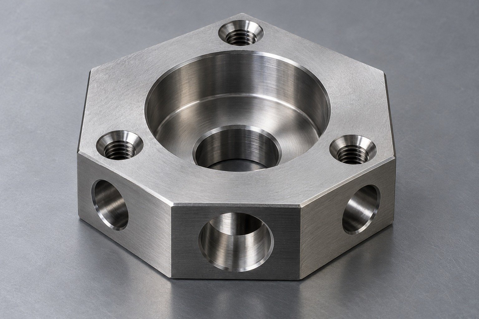 A hexagonal D2 die insert with large central relieved pocket, accessible transverse bores and three threaded mounting holes, machine-finished countersinks and realistic drill access, close-up catalog view. — illustrative component concept