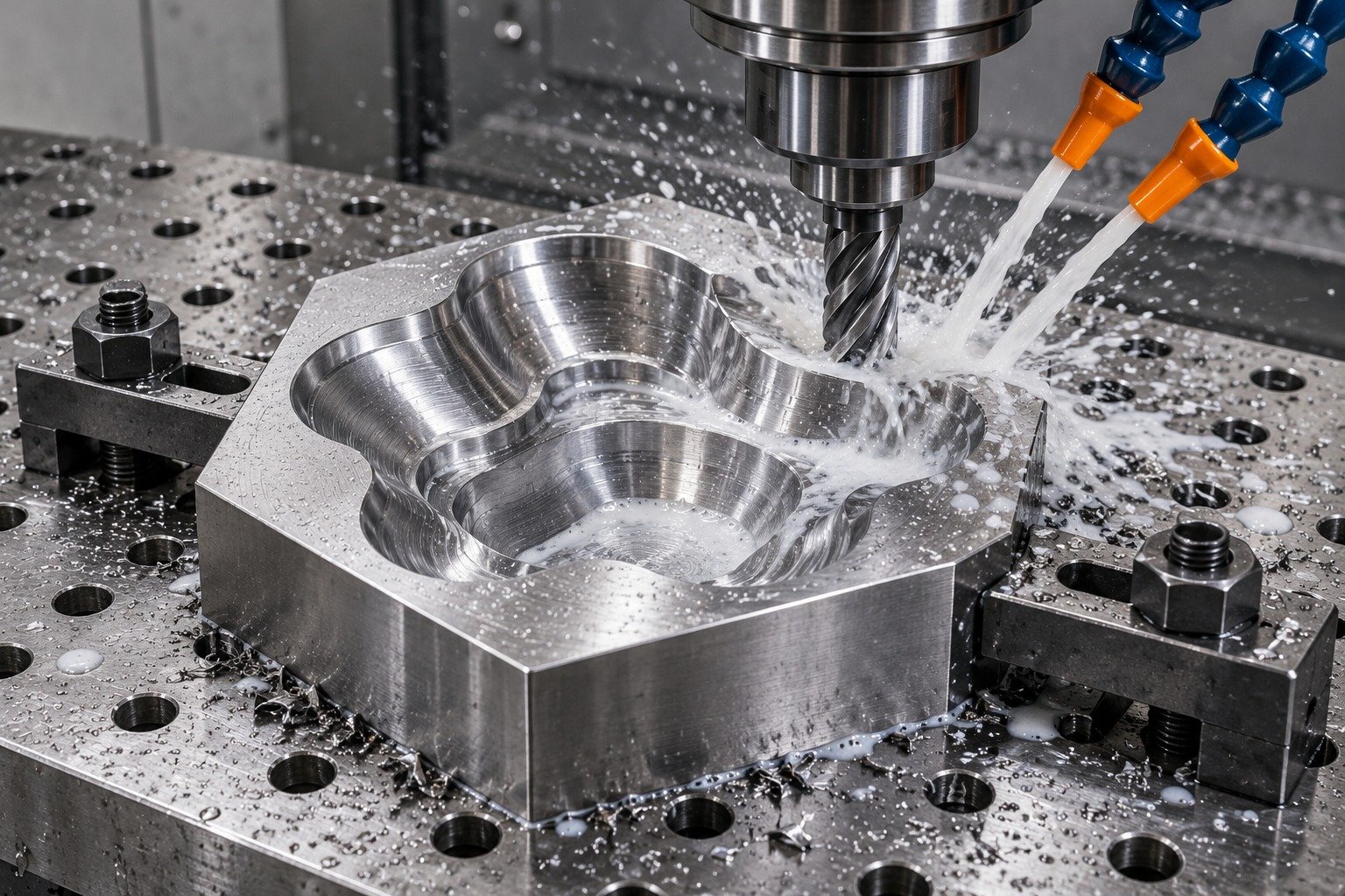 A distinctive hexagonal D2 die insert on a perforated CNC table with solid clamps, carbide end mill cutting a large shallow relieved lobe, two coolant nozzles at the tool contact, realistic milky coolant splash without obscuring geometry. — illustrative component concept
