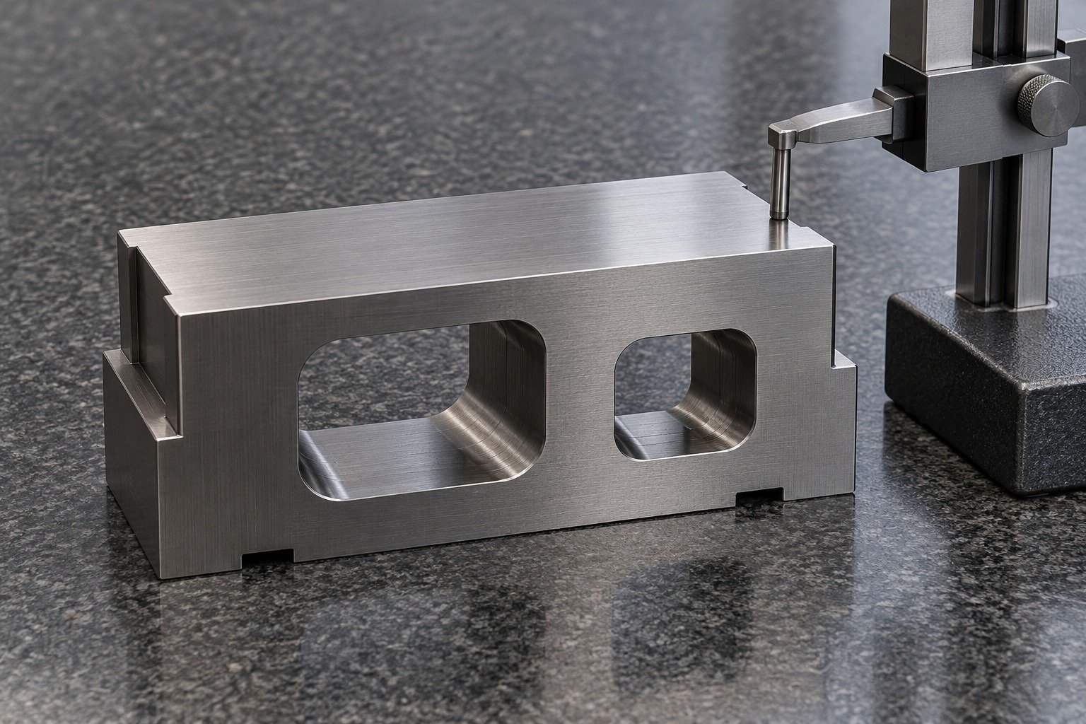 A first-machined D2 blanking die insert with two unequal rounded windows on a granite surface plate, height-gauge contact on a broad reference face, fine truthful machining marks. — illustrative component concept