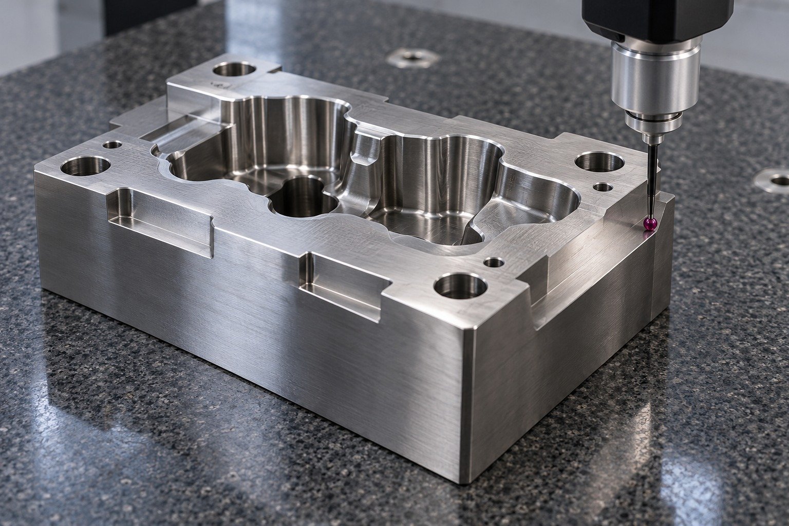 A unique D2 forming die insert on a granite inspection table, a compact CMM probe touching the outer locating plane beside a complex scalloped opening, no hands or text. — illustrative component concept