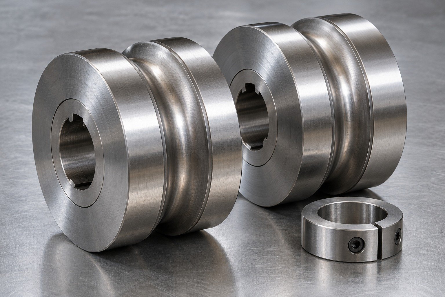 Two thick D2 cylindrical forming rollers with rounded shallow grooves and keyed bores, plus a small split mounting collar. Industrial cold forming rolls, no sharp slitter blades. — illustrative component concept