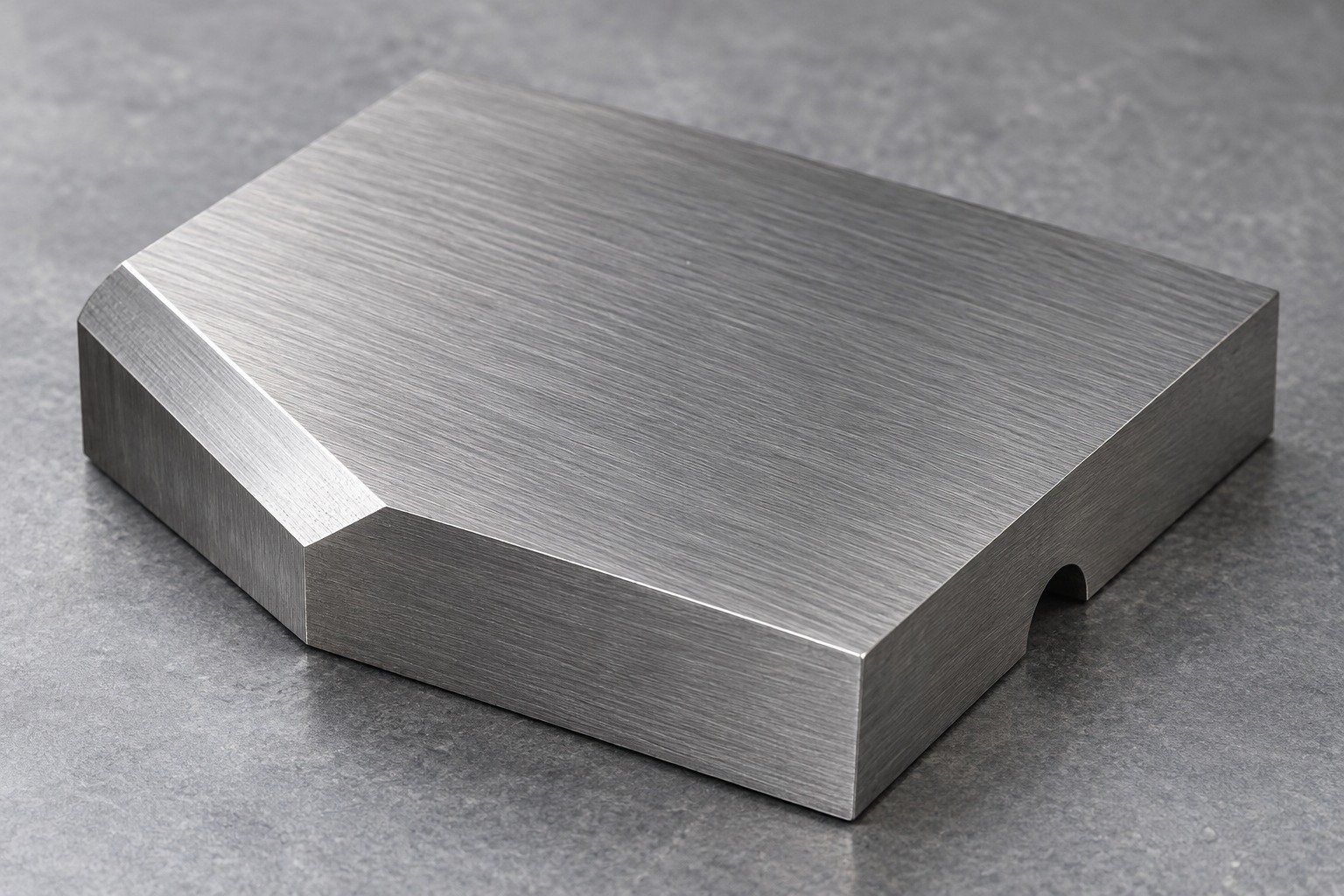 Macro product photograph of a thick D2 steel ground coupon with one diagonal chamfer and a small rounded locating notch, fine uniform parallel grinding texture, natural neutral steel appearance. — illustrative component concept