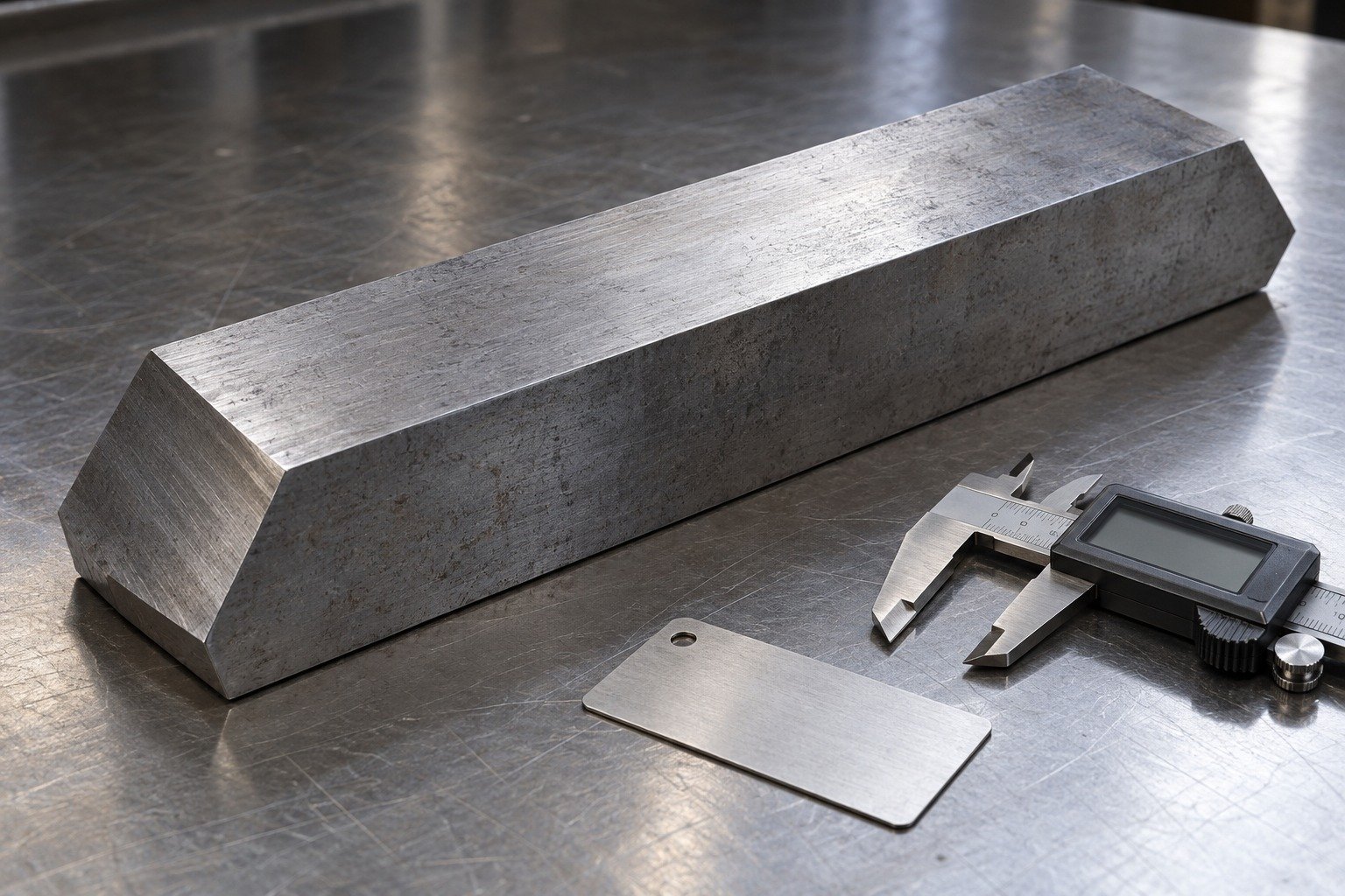 A D2 rectangular stock blank with two angled ends resting on a receiving table, digital caliper adjacent to a blank identification tag, no invented numbers or material certificate. — illustrative component concept