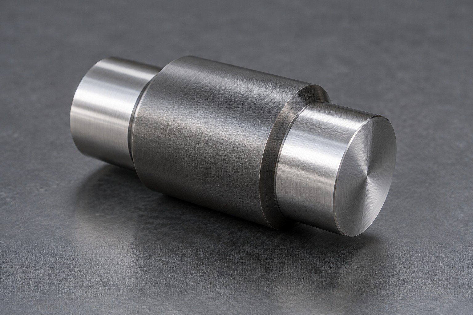 A short D2 stepped cylindrical nitriding-review sample, neutral dark silver satin working band and brighter end faces, realistic restrained industrial finish, no artificial colored glow. — illustrative component concept
