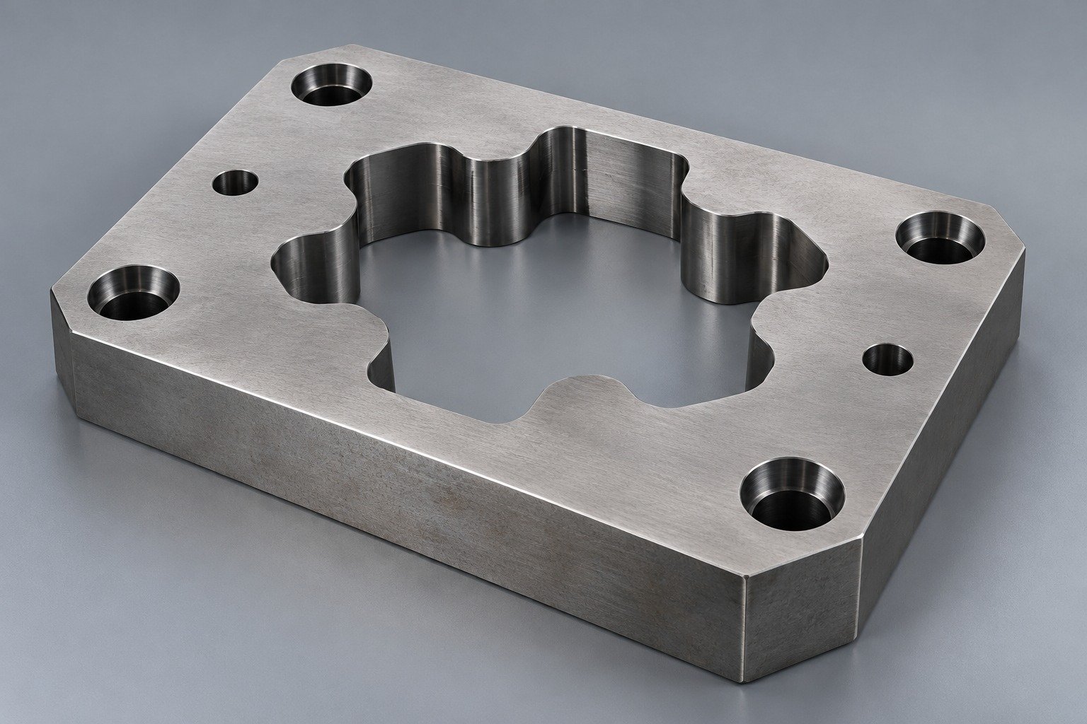 A D2 cold-work octagonal blanking die plate, broad relieved lobed aperture with realistic generous internal radii, four precision mounting holes and two dowel bores, isolated three-quarter catalog view. — illustrative component concept