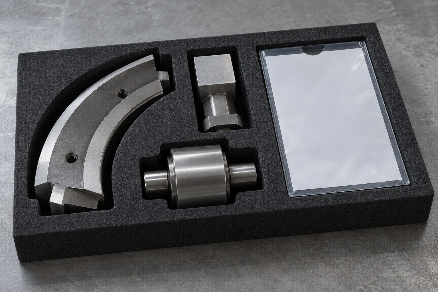 A fitted protective foam tray containing a curved D2 wear shoe, one blunt square punch and a short forming roller, each separate pocket supports the part, blank document sleeve only, no logos. — illustrative component concept
