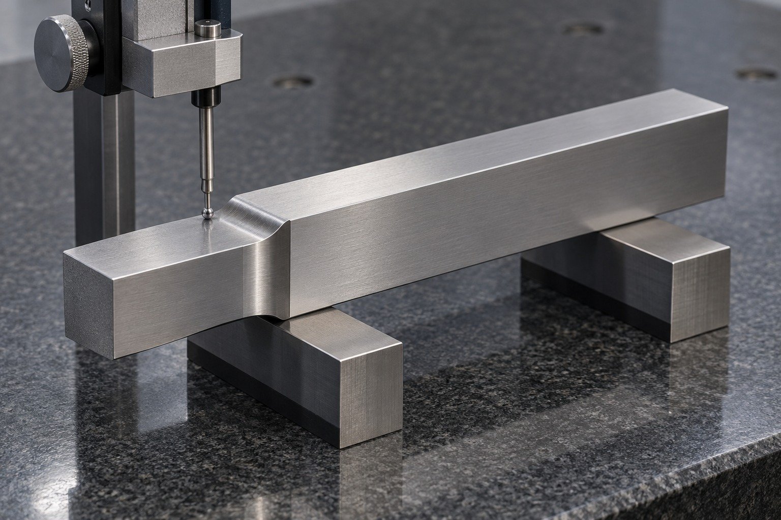 A D2 rectangular punch resting on precision parallels on granite, a height gauge contact stylus touching a broad shoulder, flat-ended working section and honest fine grinding texture, no numeric readout. — illustrative component concept