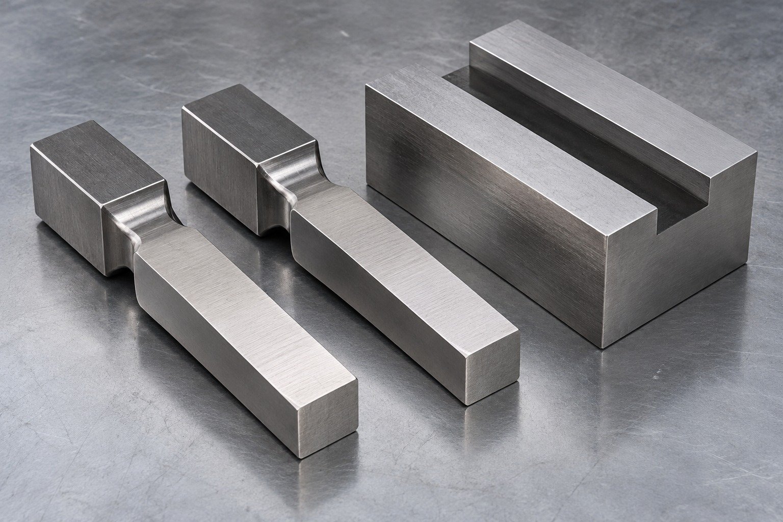 Two D2 blunt rectangular punches lying alongside a separate broad support block, ground shank faces and substantial shoulder radii visible, clearly showing working end versus supported locating shank. — illustrative component concept