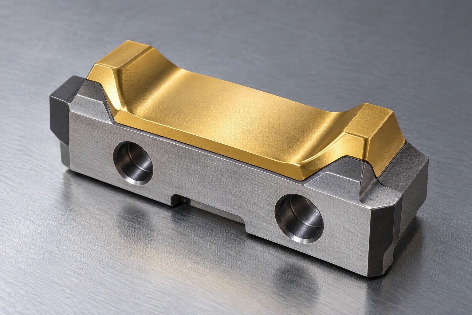 A compact D2 forming insert with a gold-tone PVD review surface on one broad upper working pad and grey machined mounting body, realistic thin-film appearance and credible masked interfaces. — illustrative component concept