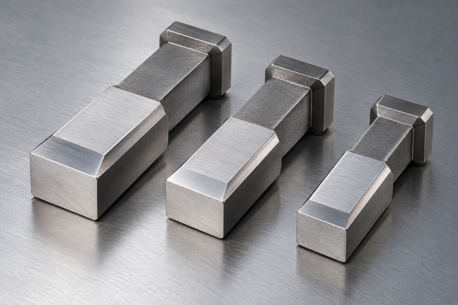 Three D2 steel rectangular shoulder punches with broad blunt working ends, stepped rectangular shanks, chamfered transitions and ground locating surfaces. No sharp knife-like edge and no medical tools. — illustrative component concept