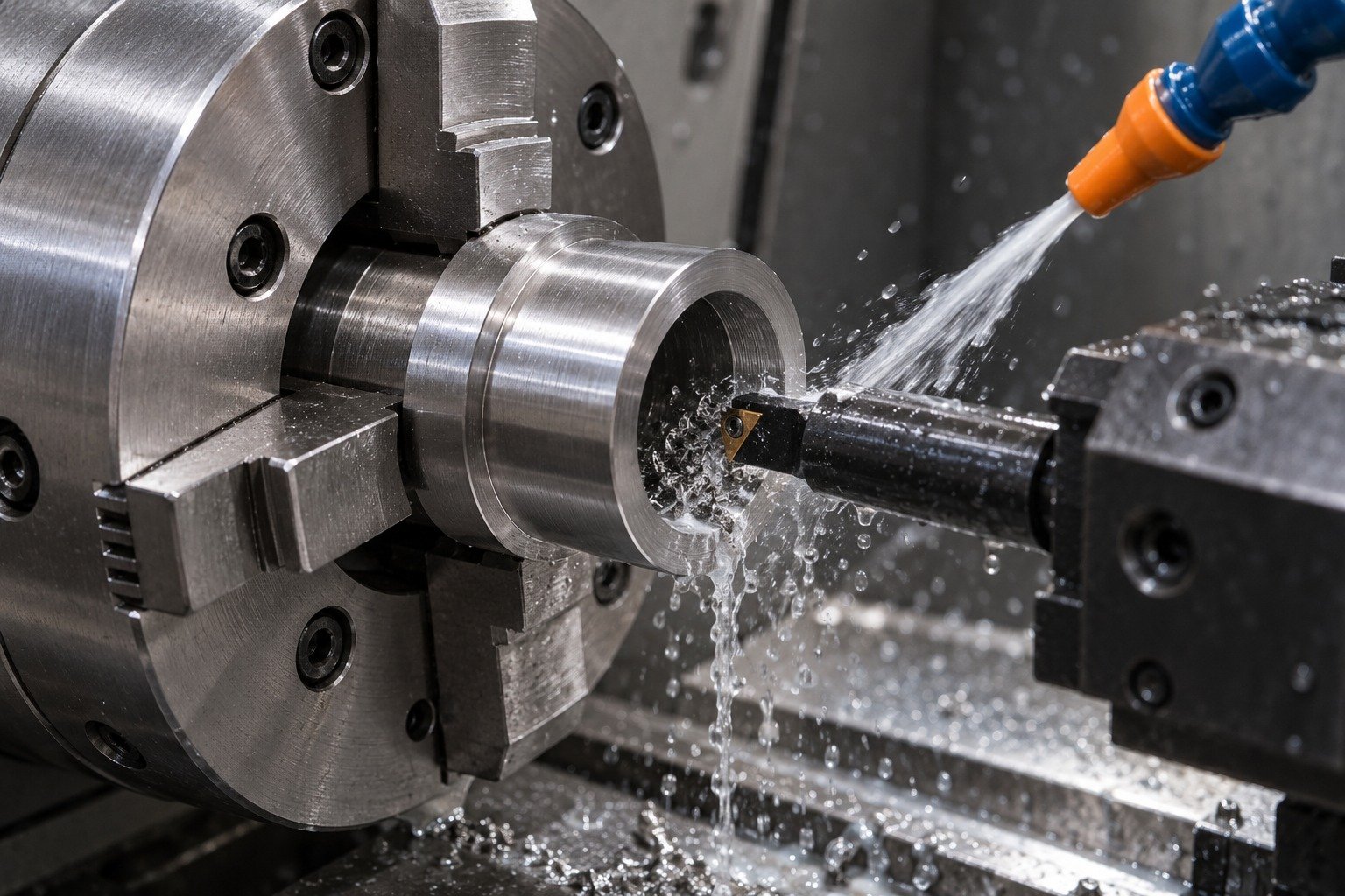 A short D2 stepped bushing in a real-looking lathe chuck, boring bar aligned with the open central bore, cutting fluid directed at the bore entrance with fine wet short chips, no sparks. — illustrative component concept