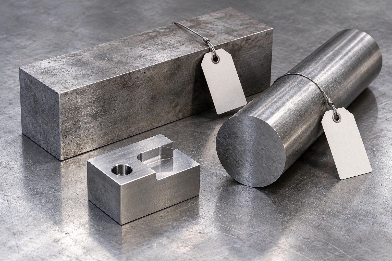 D2 rectangular and cylindrical stock cutoffs with blank unattached identification tags and one compact machined test block, no printed certificate or brand, material identity is not visually asserted. — illustrative component concept