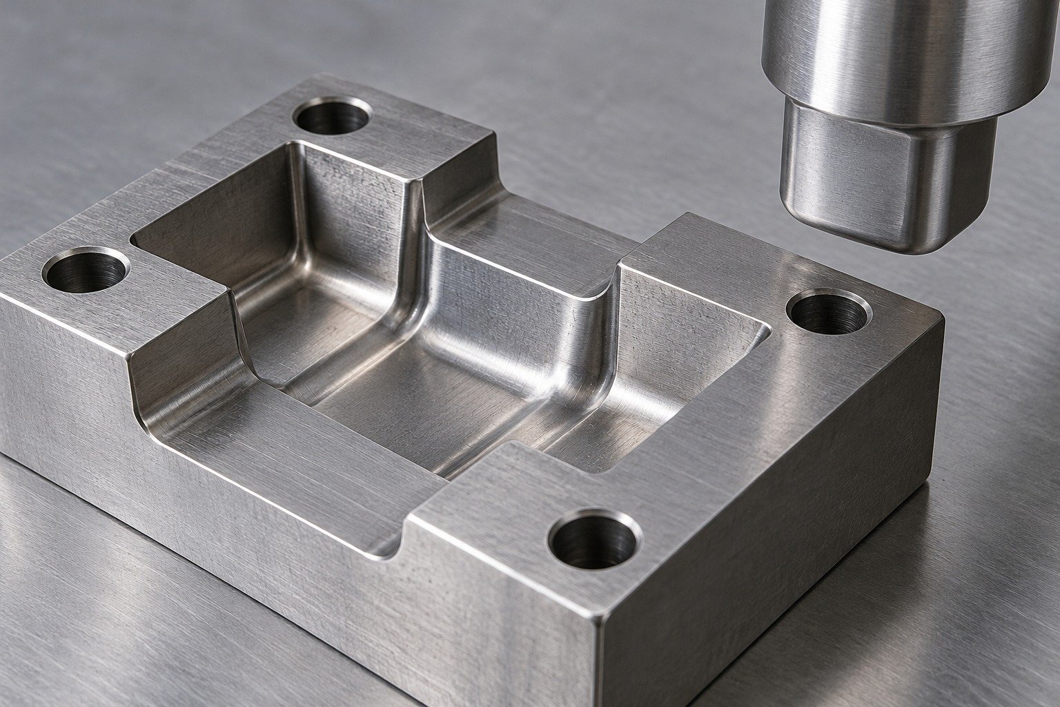 Close-up D2 cold-work die insert showing a broad working profile, supported land and substantial corner radius, one nearby blunt punch tip, no brittle broken fragments or impossible sharp internal corners. — illustrative component concept