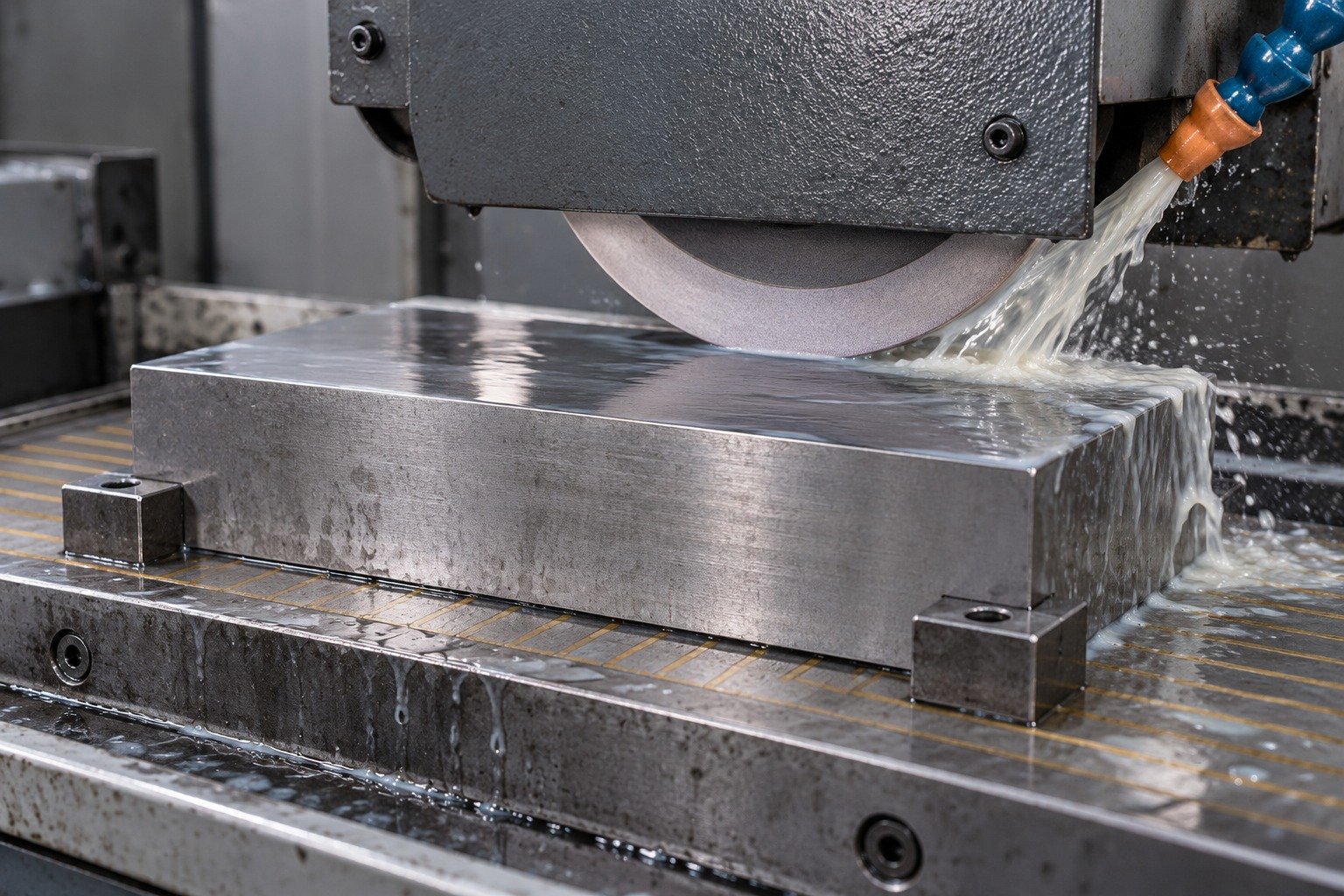 A thick D2 wear block beneath an industrial surface-grinder wheel guard, tiny portion of abrasive wheel contacting a broad flat upper face, localized realistic coolant stream, no dramatic sparks, workholding on magnetic chuck. — illustrative component concept