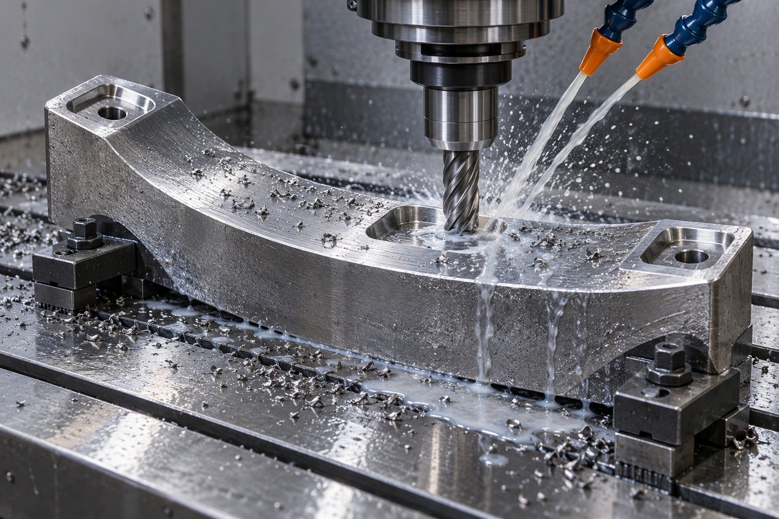 A curved D2 wear shoe clamped with low-profile toe clamps, vertical end mill machining an accessible mounting relief with cutting coolant and wet chips, no impossible tool through metal. — illustrative component concept