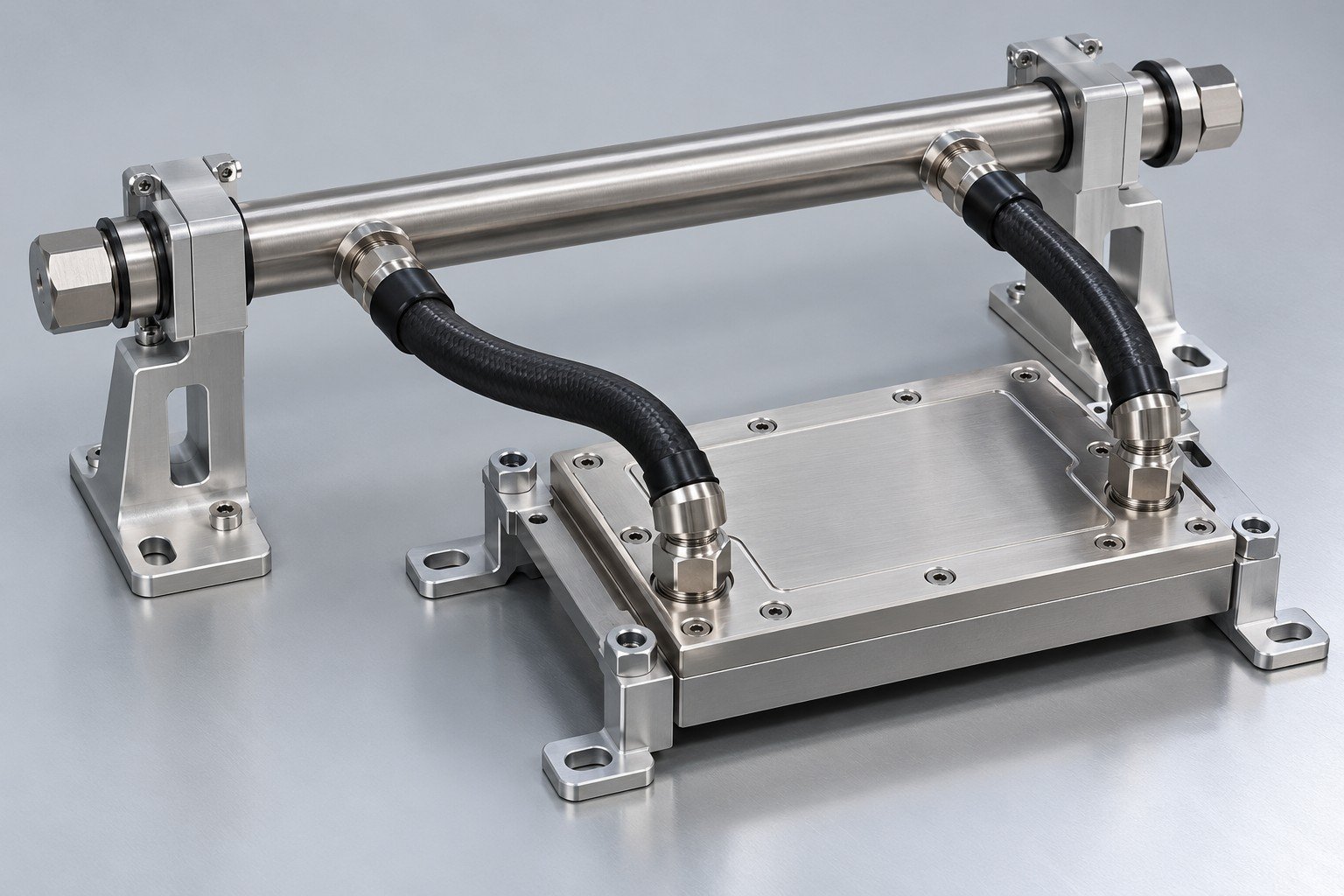 Illustrative defined cooling component assembly on an integration fixture concept, not documentary company or customer photography
