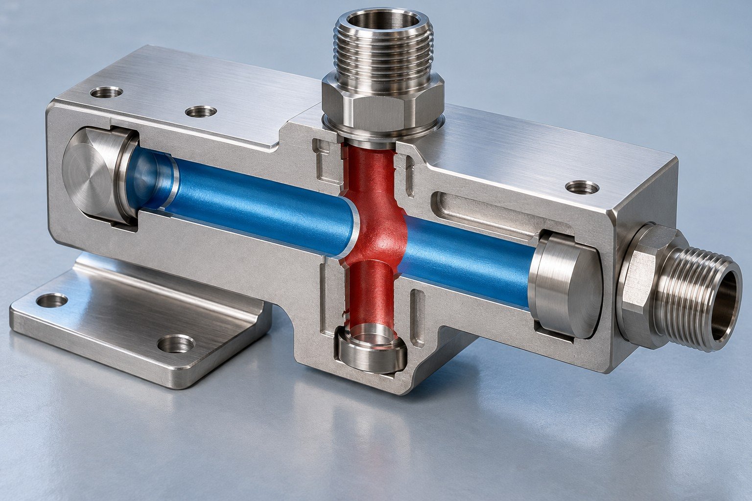 Illustrative sectioned coolant distribution block and mounting interfaces concept, not documentary company or customer photography