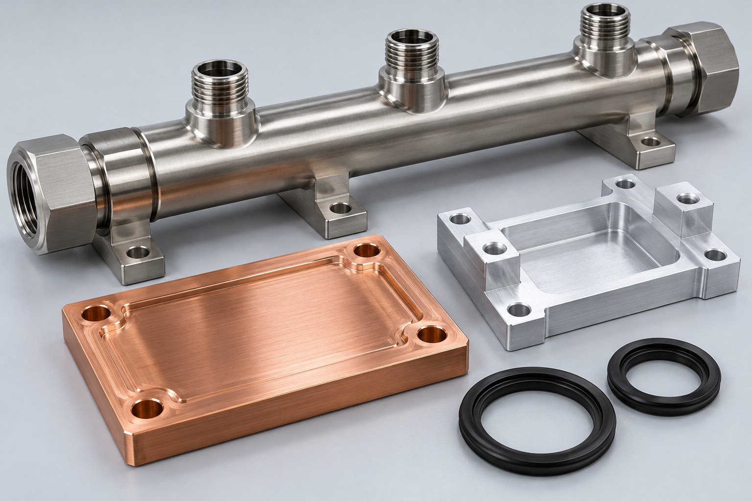 Illustrative materials and coolant review for data center cooling components concept, not documentary company or customer photography