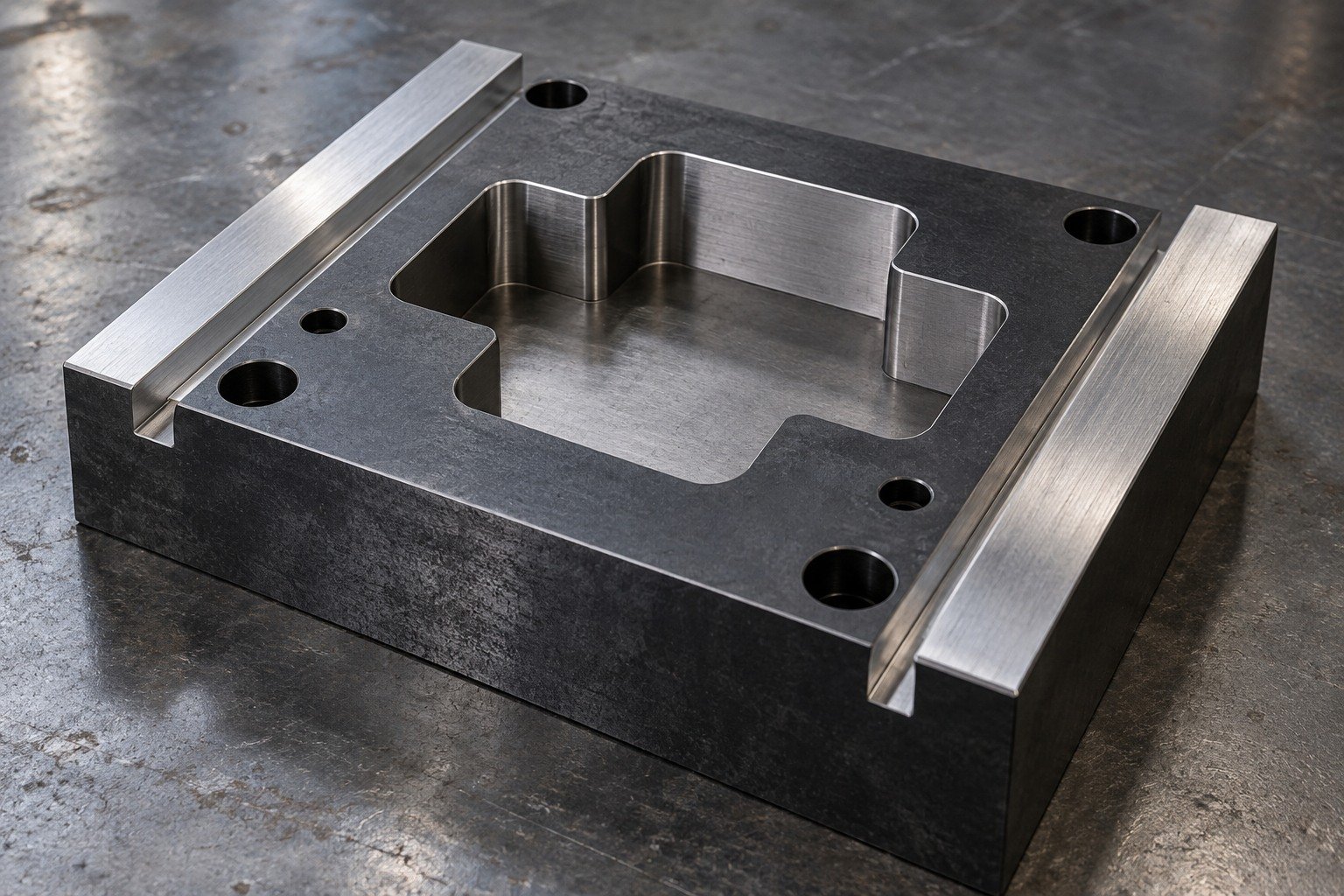 A stout rectangular die-holder coupon with one broad rounded cross opening, visibly dark matte black oxide exterior and bright masked ground locating rails. — illustrative generated component concept