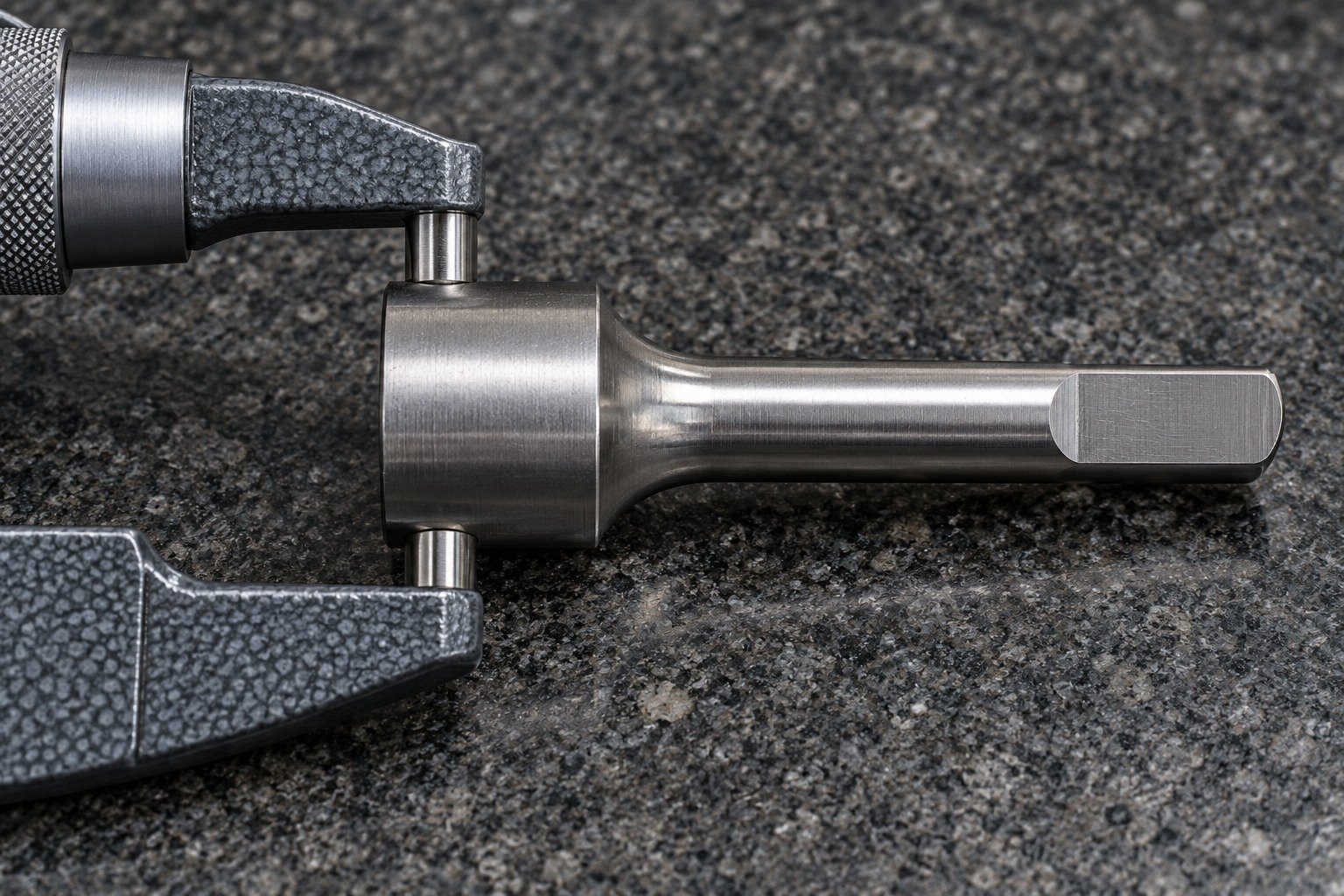 A short D-tip punch lying horizontally on granite; outside micrometer contacts both sides of the broad cylindrical head, no hands or numerical display. — illustrative generated component concept