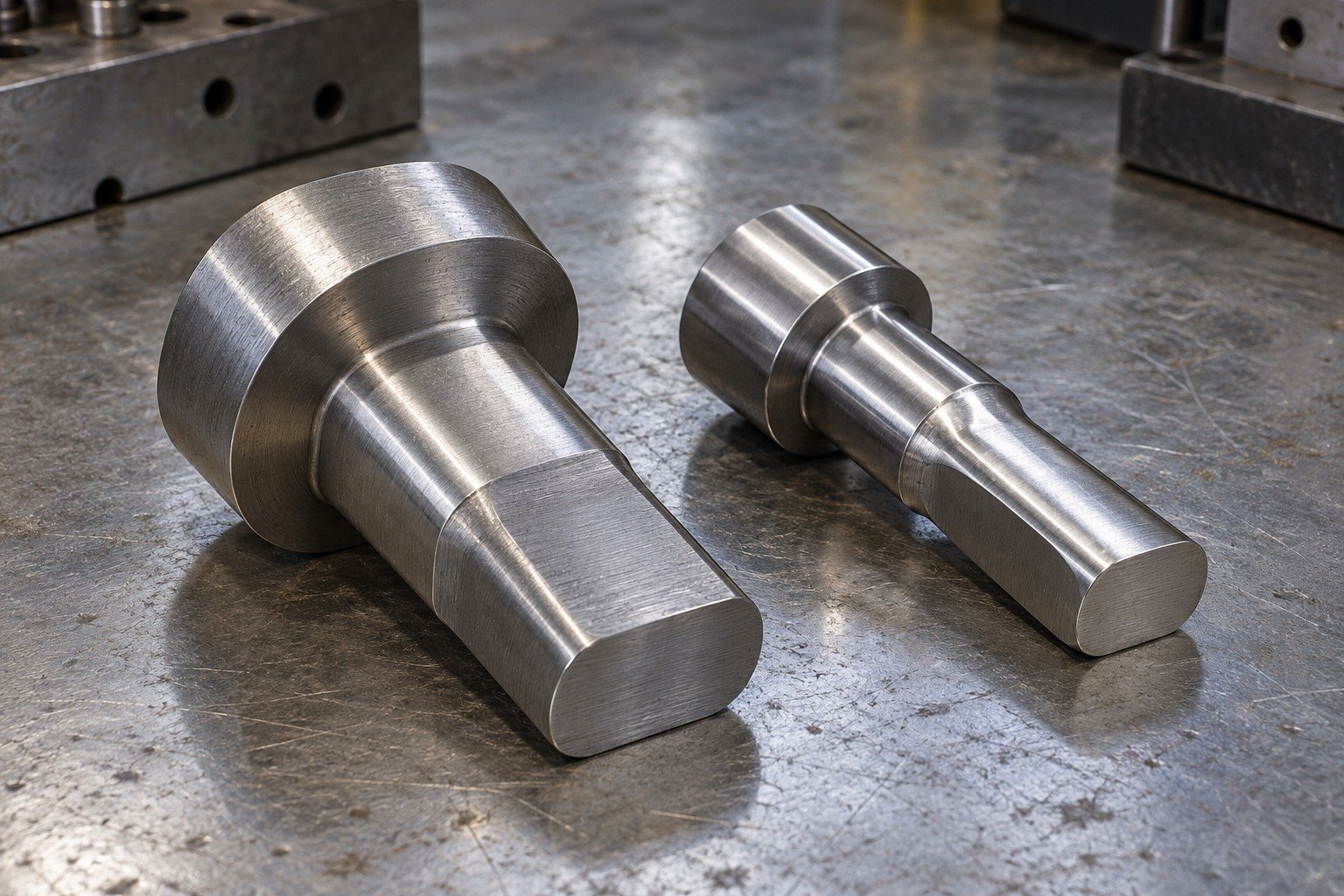 Two short oval-tip blanking punch blanks on a bench, one retaining broad finishing-stock collars and one with completed locating shank, strong supported transitions. — illustrative generated component concept