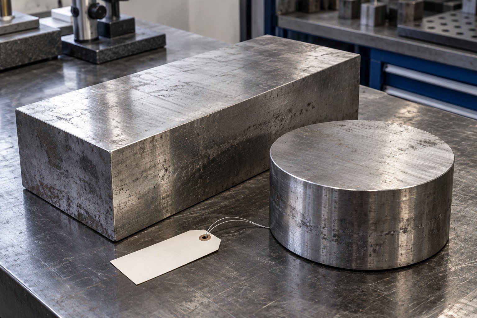 A thick rectangular steel stock blank and one broad short round cutoff on an incoming inspection bench, blank paper tag, no stamps, brand logos or certificate text. — illustrative generated component concept